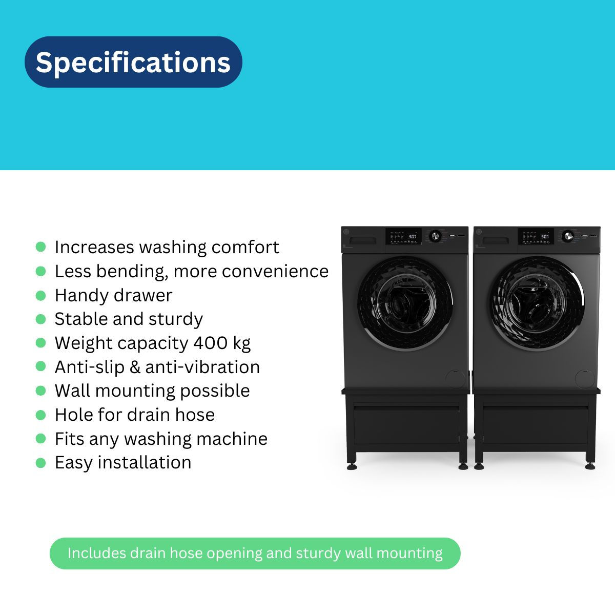 Two black washing machine stands with drawers and displays, listing specifications.