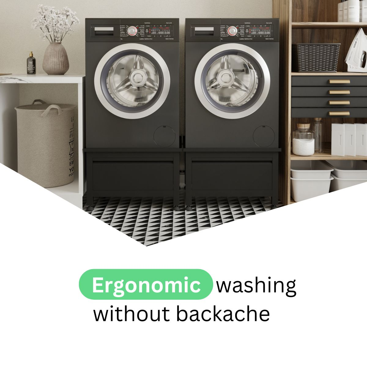 Two black washing machines on pedestals in front of a shelf with laundry baskets.