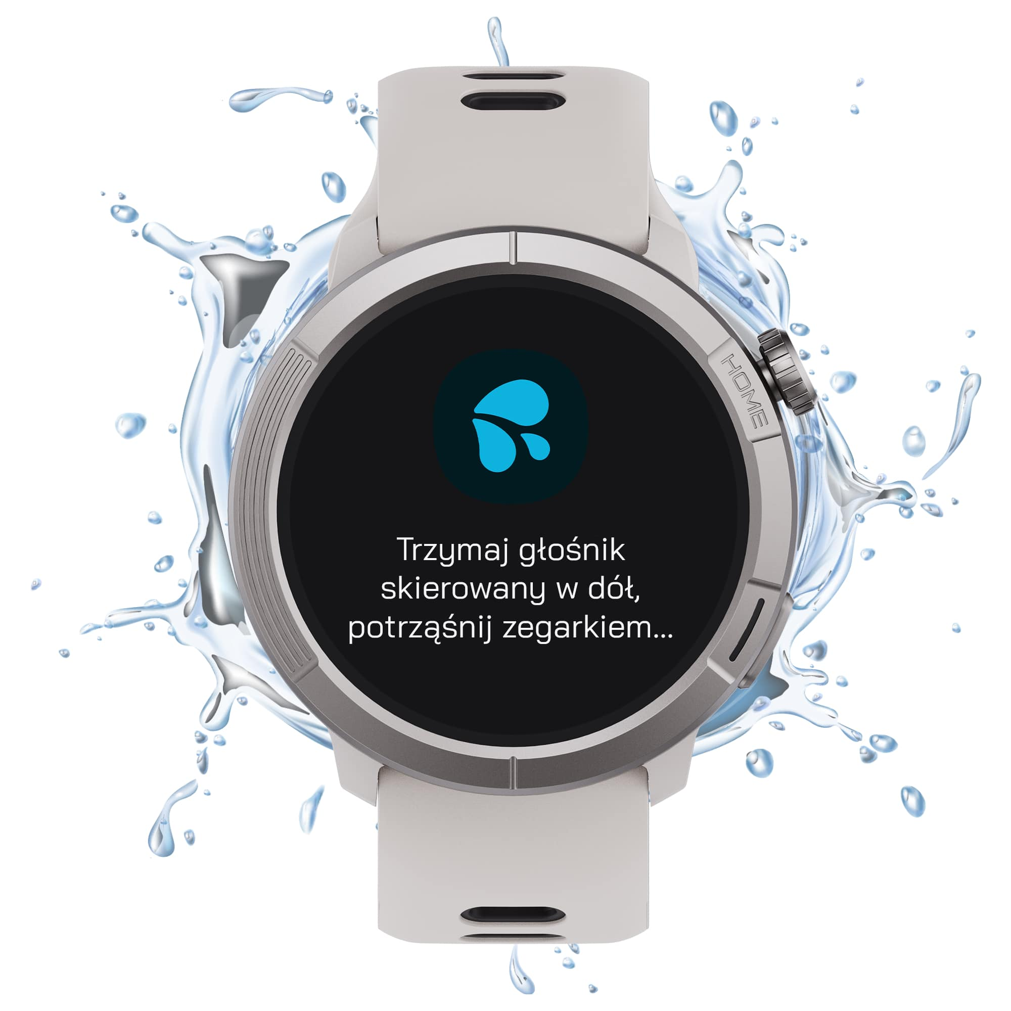 Szary wyświetlacz smartwatch pokazuje instrukcję z niebieską ikoną kropli.