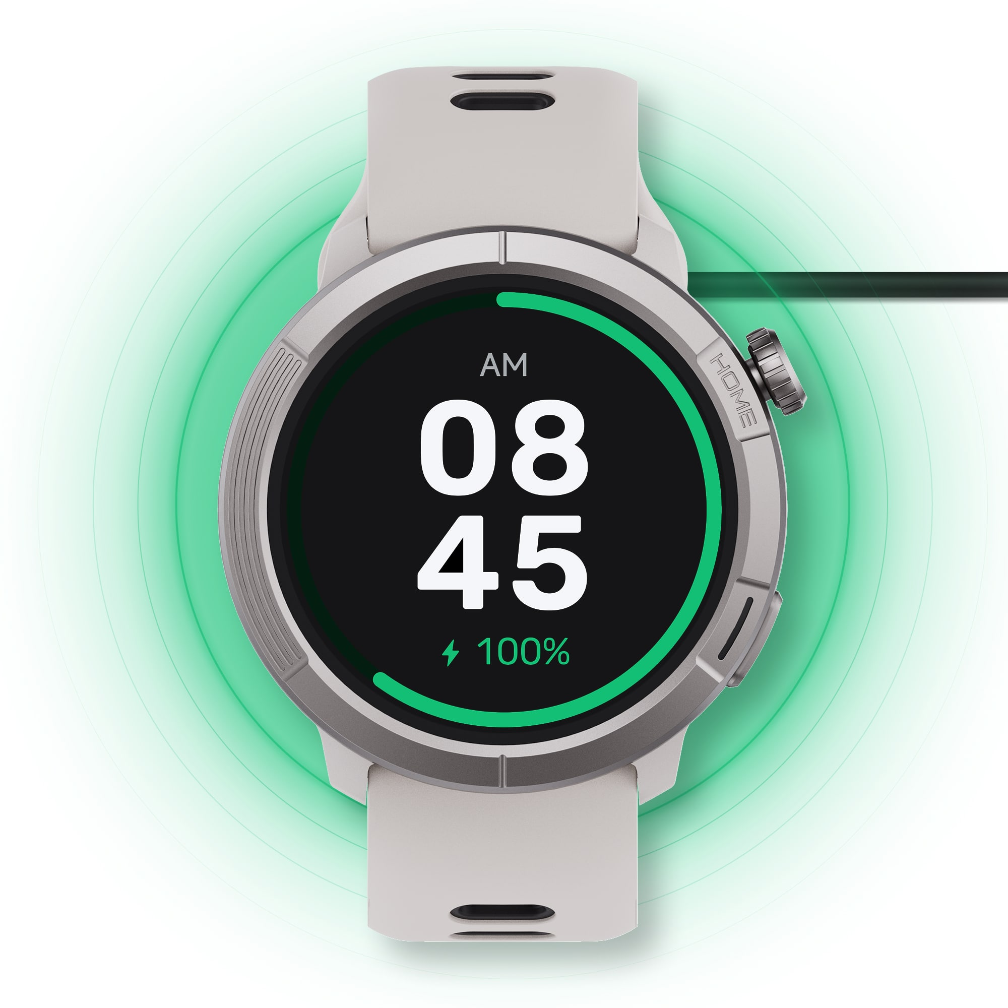 Szary smartwatch pokazujący 100% baterii z zielonymi pierścieniami.