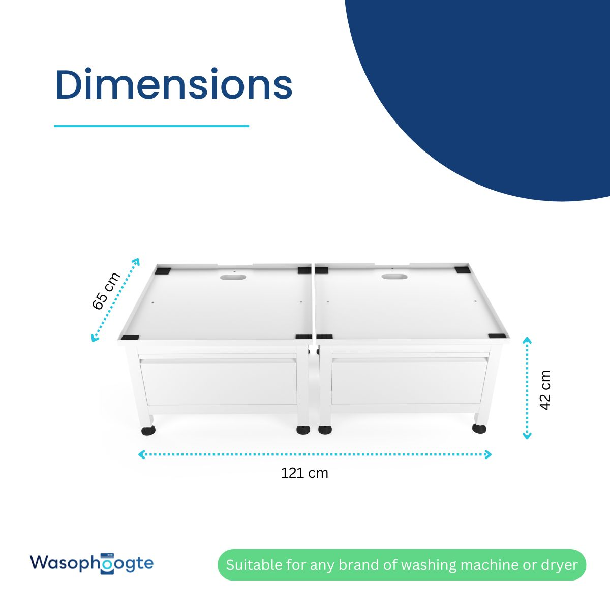 White washing machine/dryer stand. Dimensions: 121cm L, 65cm W, 42cm H.