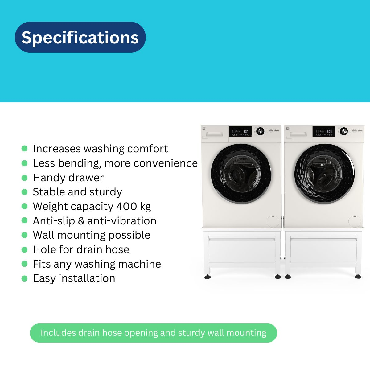 Two white washing machines on white stands. Specs list comfort, convenience, drawer, stability, 400kg capacity.