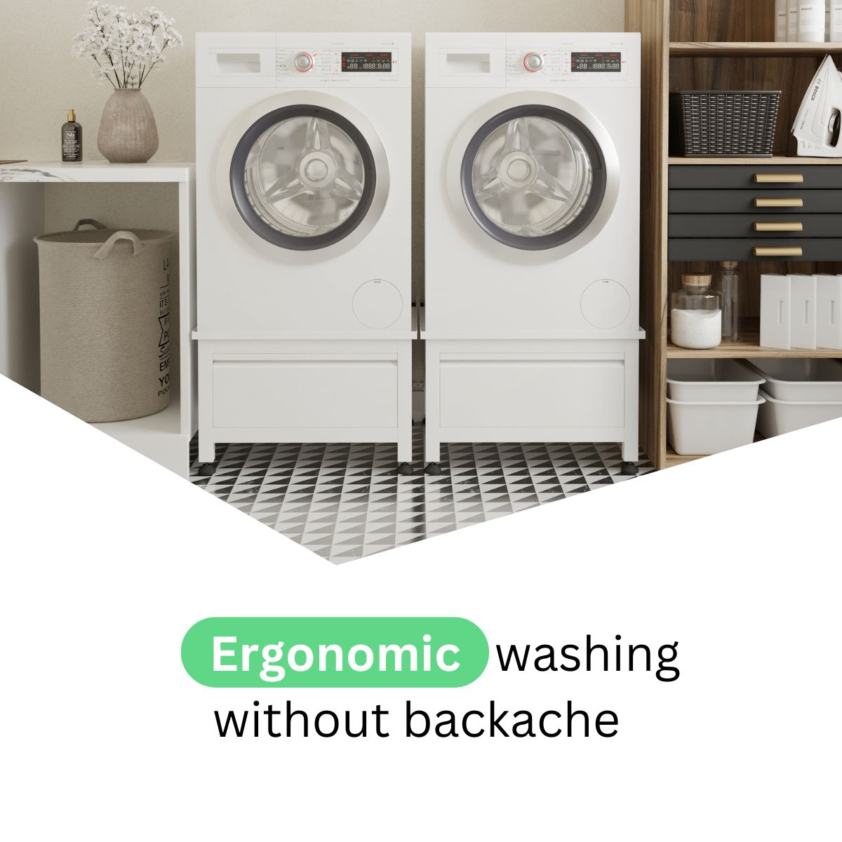 Two white washing machines on pedestals with a drawer shelf beside them.