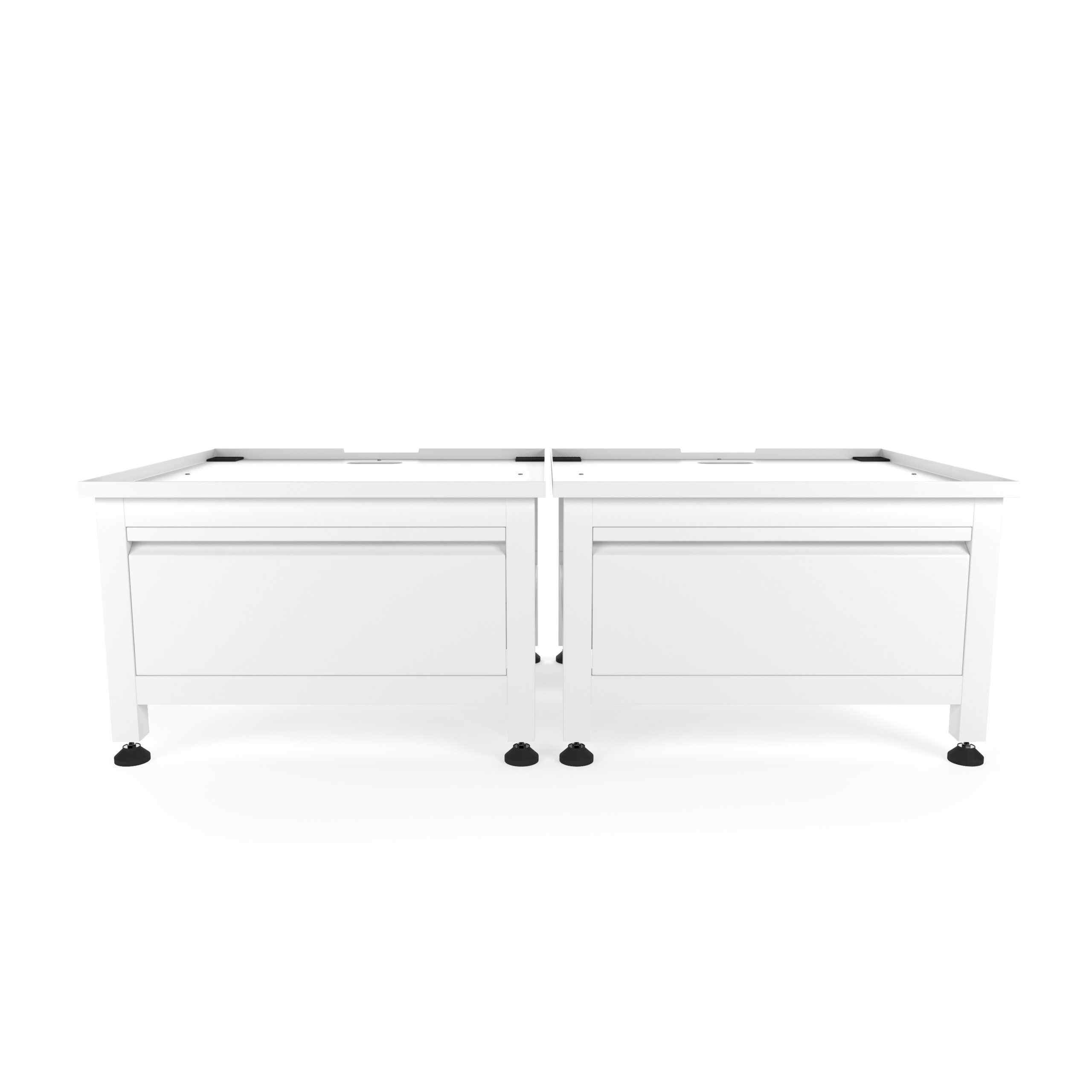 Two white cabinets side-by-side with black feet.