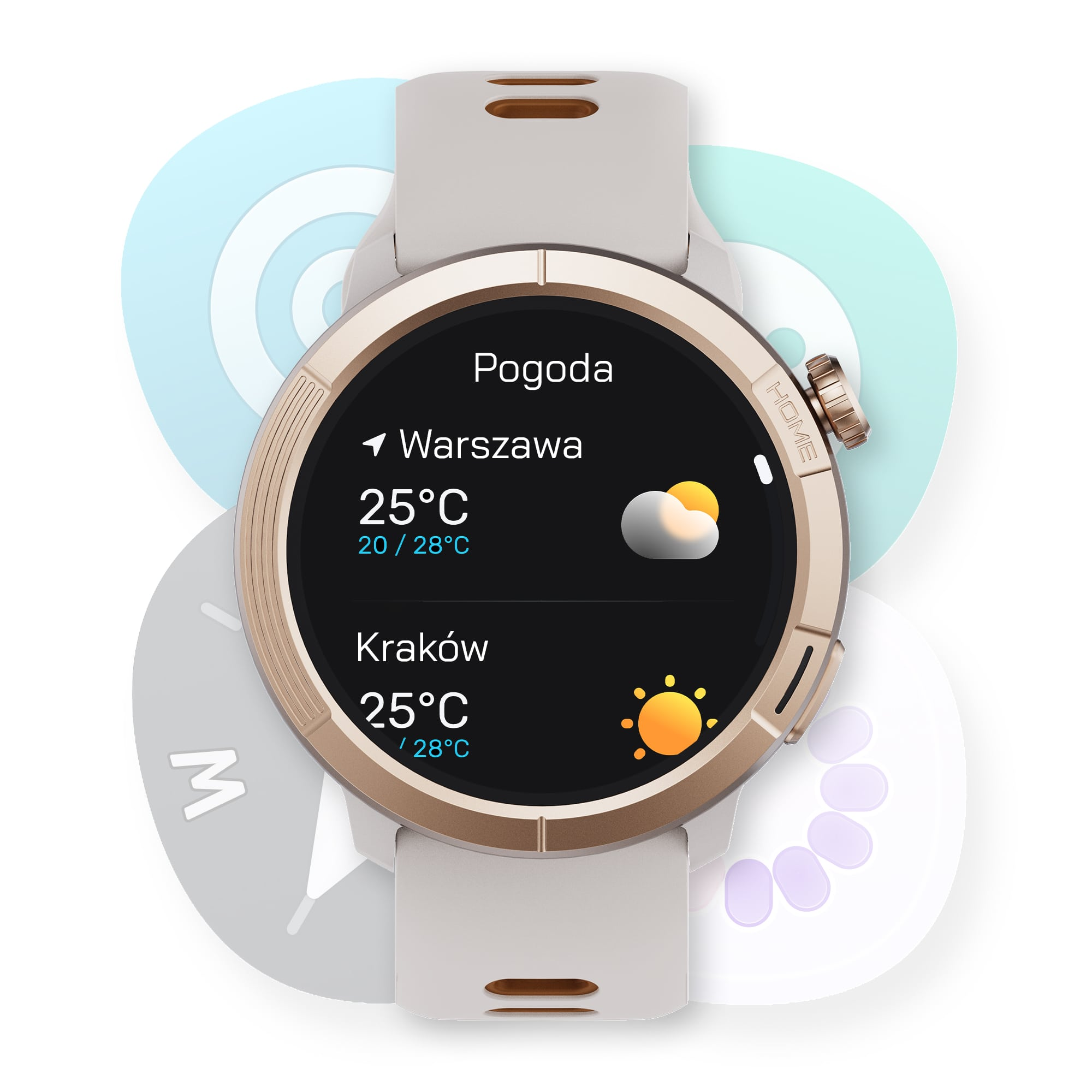 Smartwatch pokazuje pogodę dla Warszawy i Krakowa, 25°C, słońce/chmury.