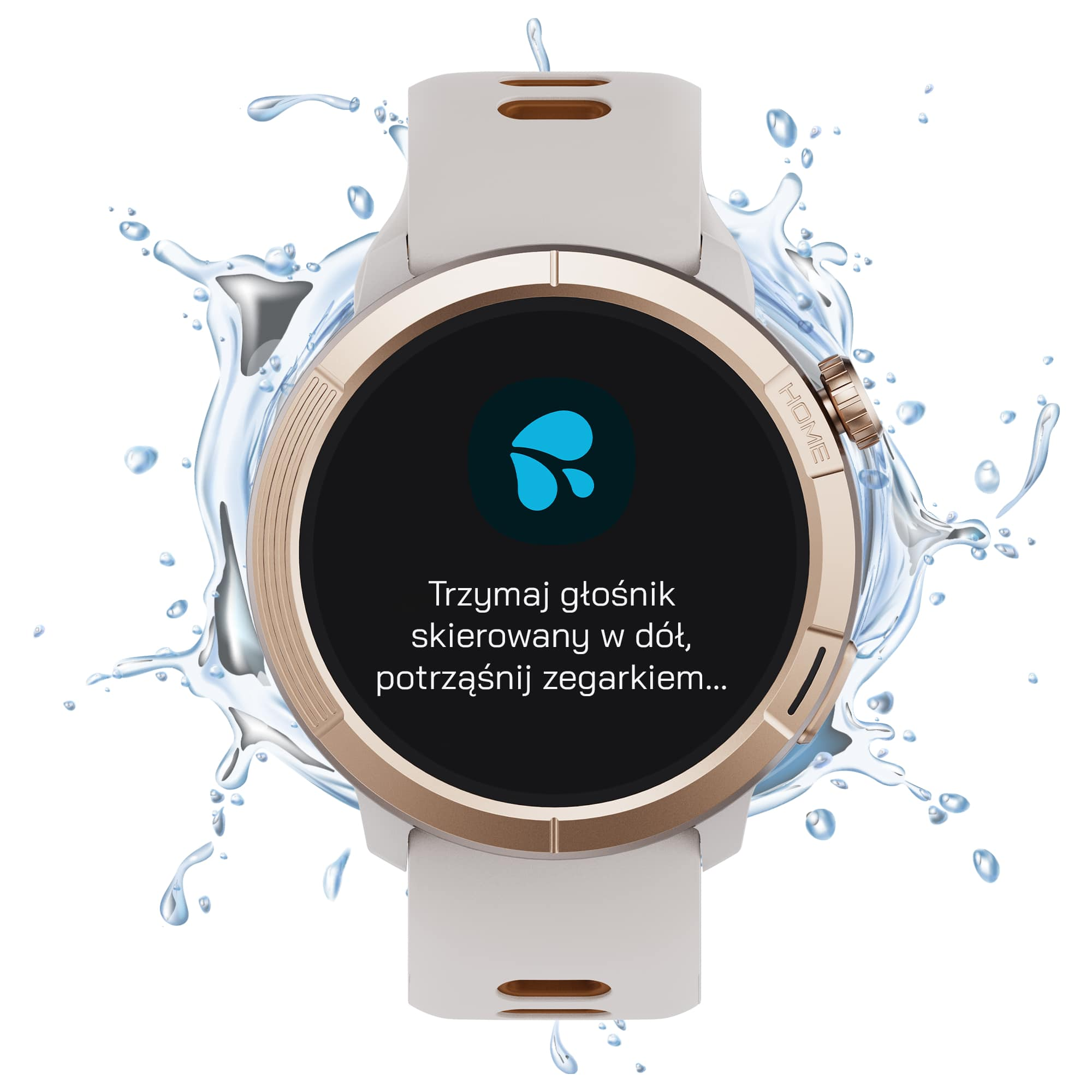 Biały smartwatch ze złotą ramką na czarnym ekranie, otoczony pluskami wody.