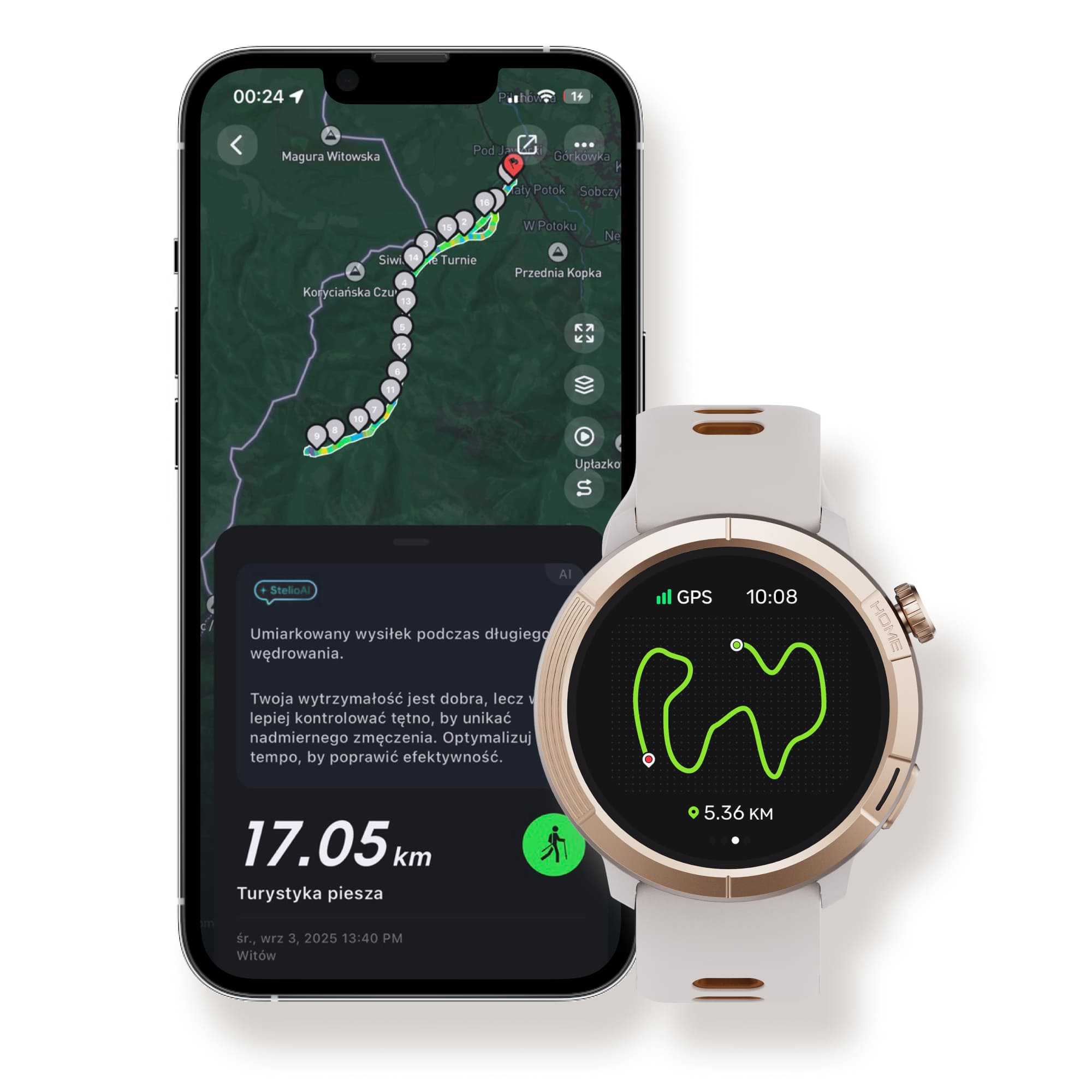 Zegarek i smartfon wyświetlają mapy i statystyki wędrówek.