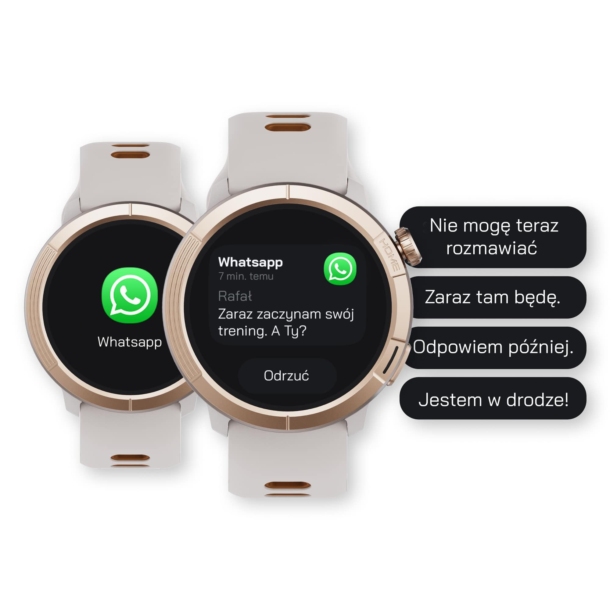 Dwa smartwatche wyświetlają wiadomości WhatsApp i opcje odpowiedzi.