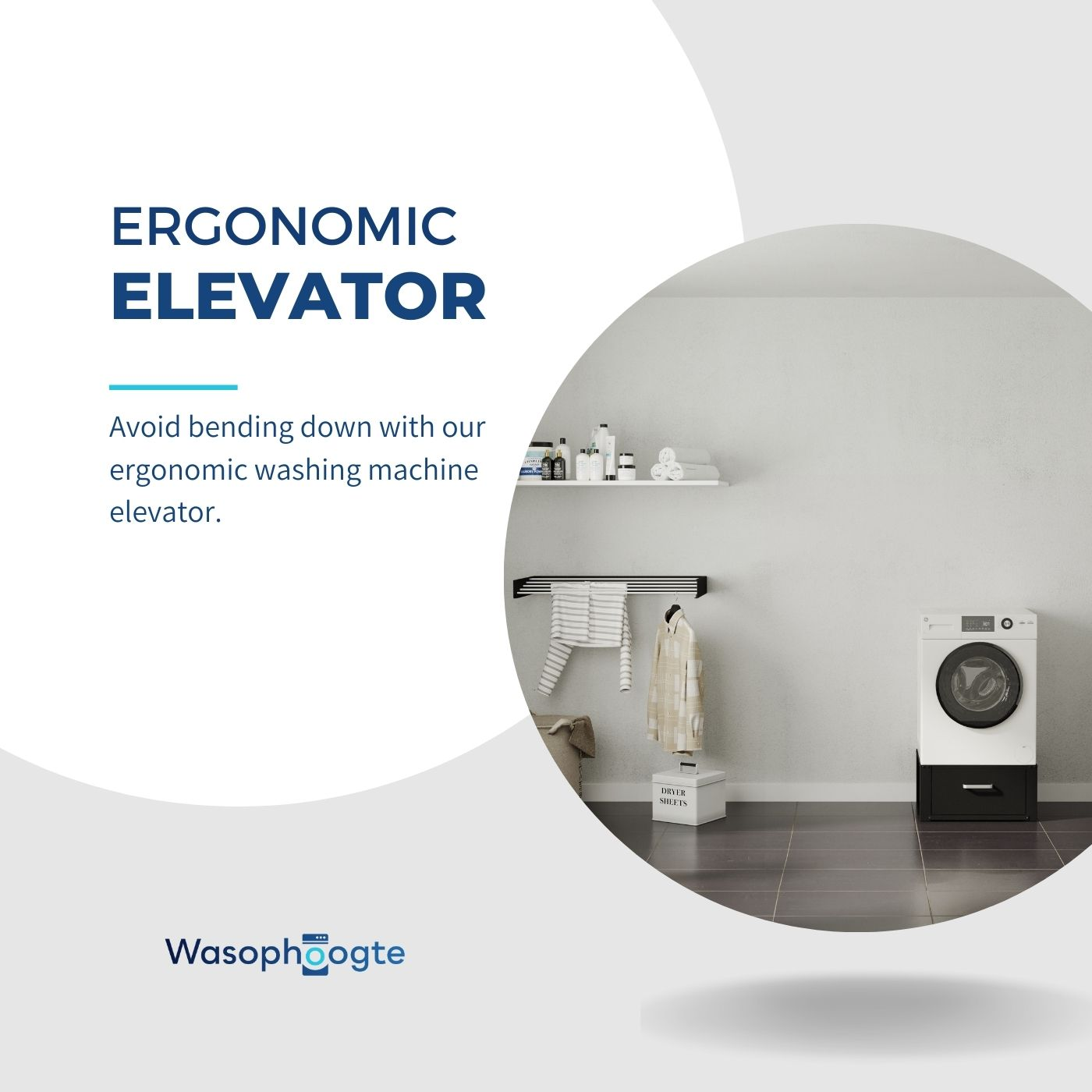 Ein Waschmaschinenlift im Badezimmer mit Waschmaschine, Wäscheständer und Regalen.