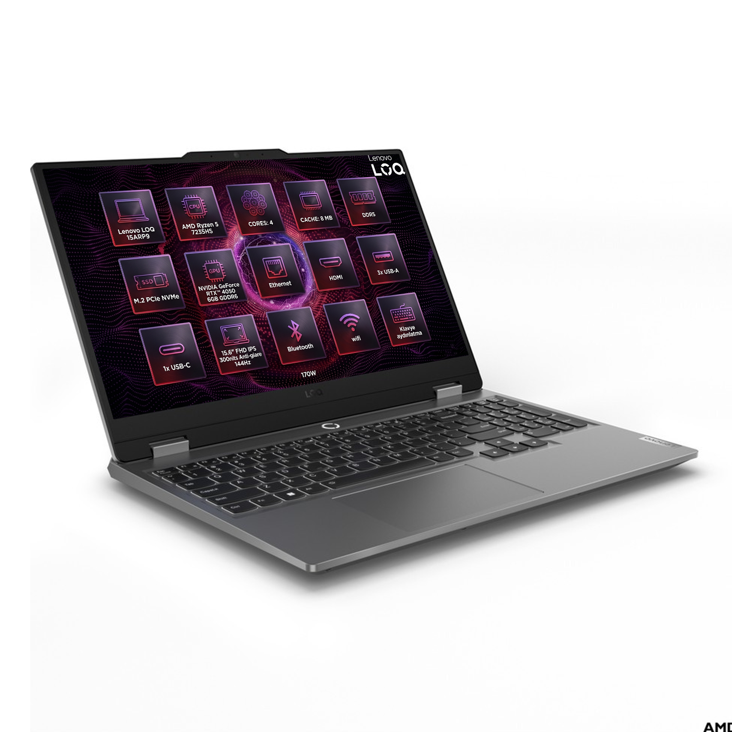 Teknik özelliklerin ekranda görüntülendiği bir Lenovo LOQ dizüstü bilgisayar.