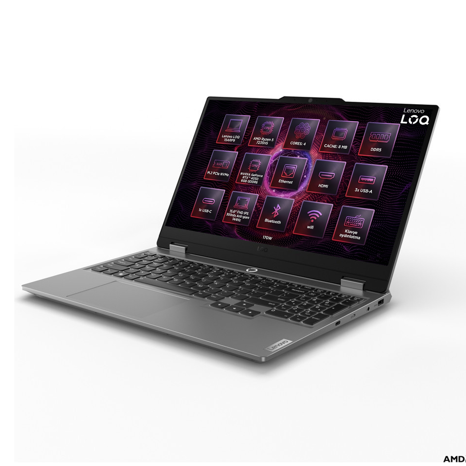 Teknik özellikleri gösteren aydınlatılmış ekrana sahip gri bir Lenovo LOQ dizüstü bilgisayar.