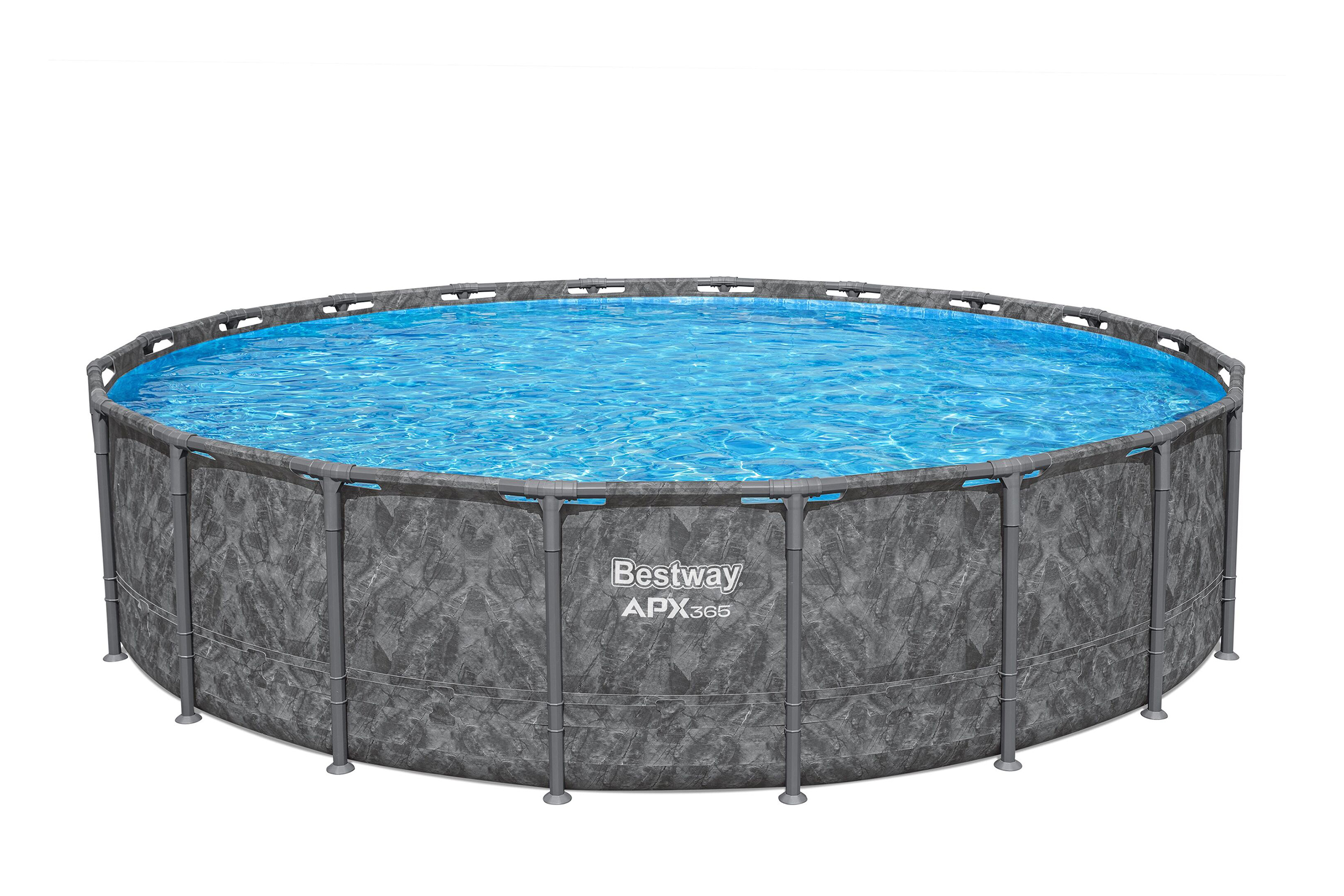 Okrągły basen Bestway APX365 z szarym wzorem marmuru i czystą niebieską wodą.