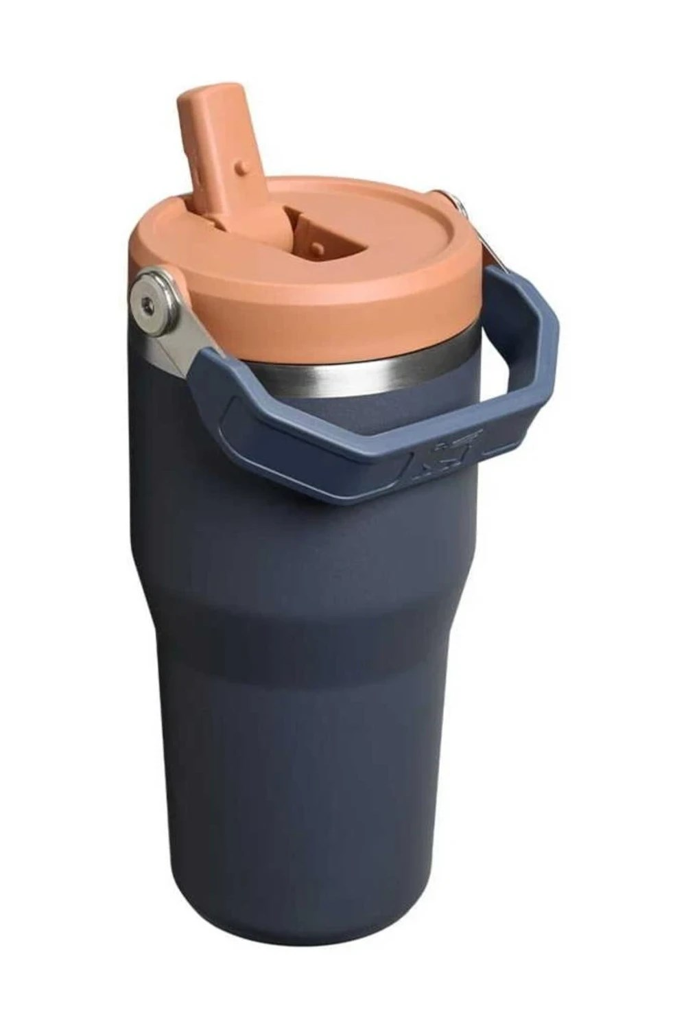 Mercan renkli kapaklı ve pipetli koyu gri bardak.