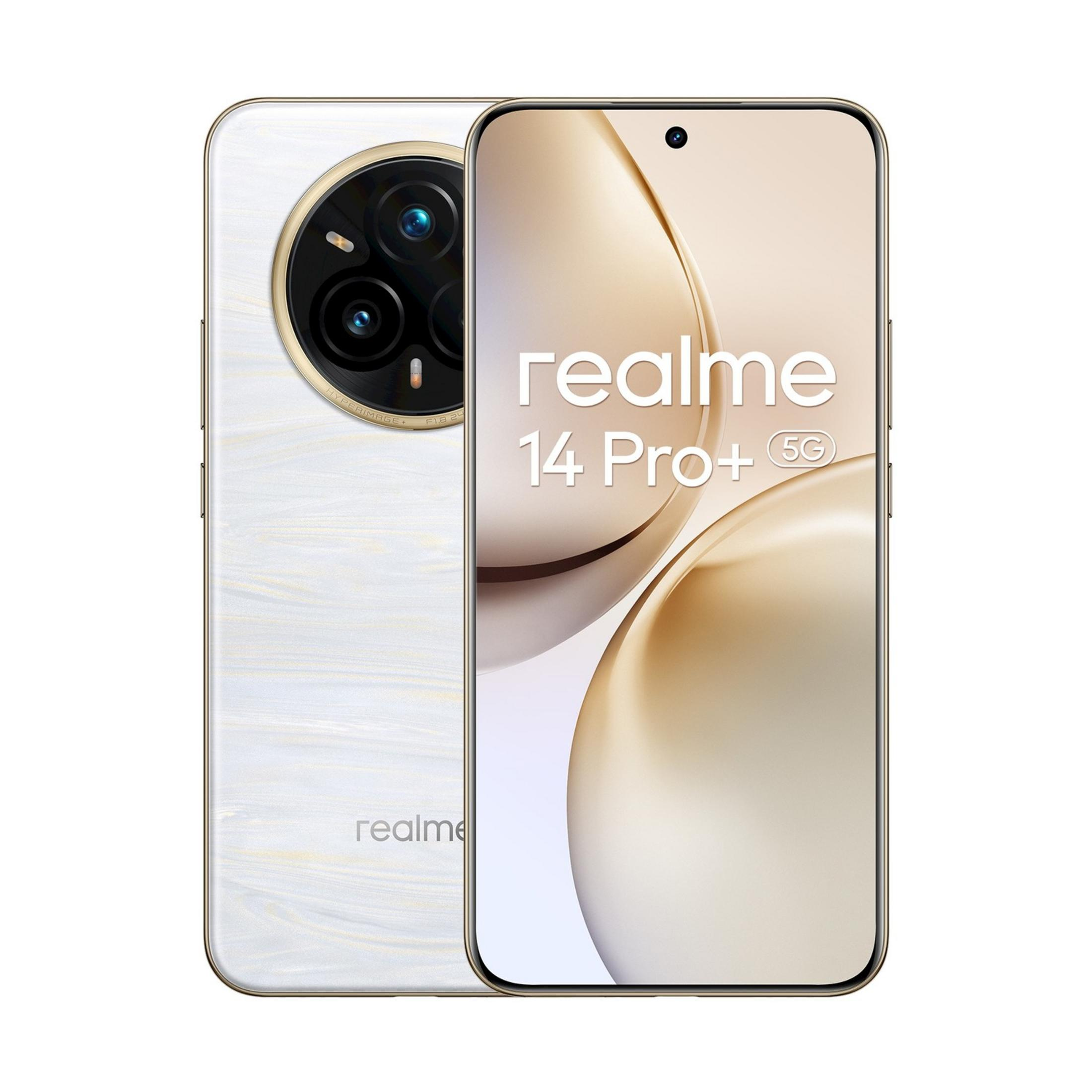 Biały smartfon Realme 14 Pro+ 5G ze złotym paskiem i okrągłym modułem aparatu.