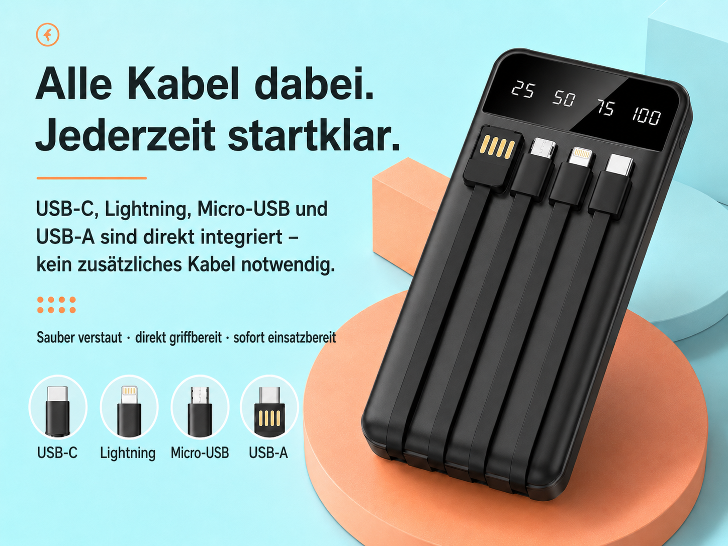 Schwarzes Powerbank mit integrierten Kabeln: USB-C, Lightning, Micro-USB, USB-A.