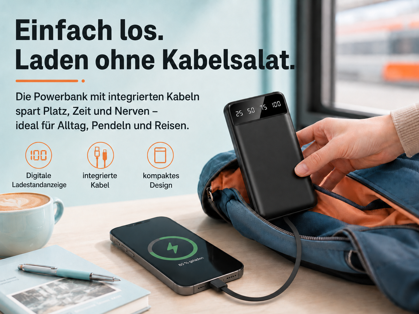 Schwarze Powerbank mit Digitalanzeige, Handy lädt, Kaffee, Buch und Stift auf Tisch.