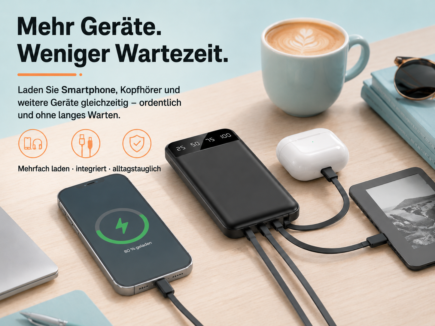 Schwarzes Powerbank lädt Handy, Kopfhörer und E-Reader gleichzeitig.