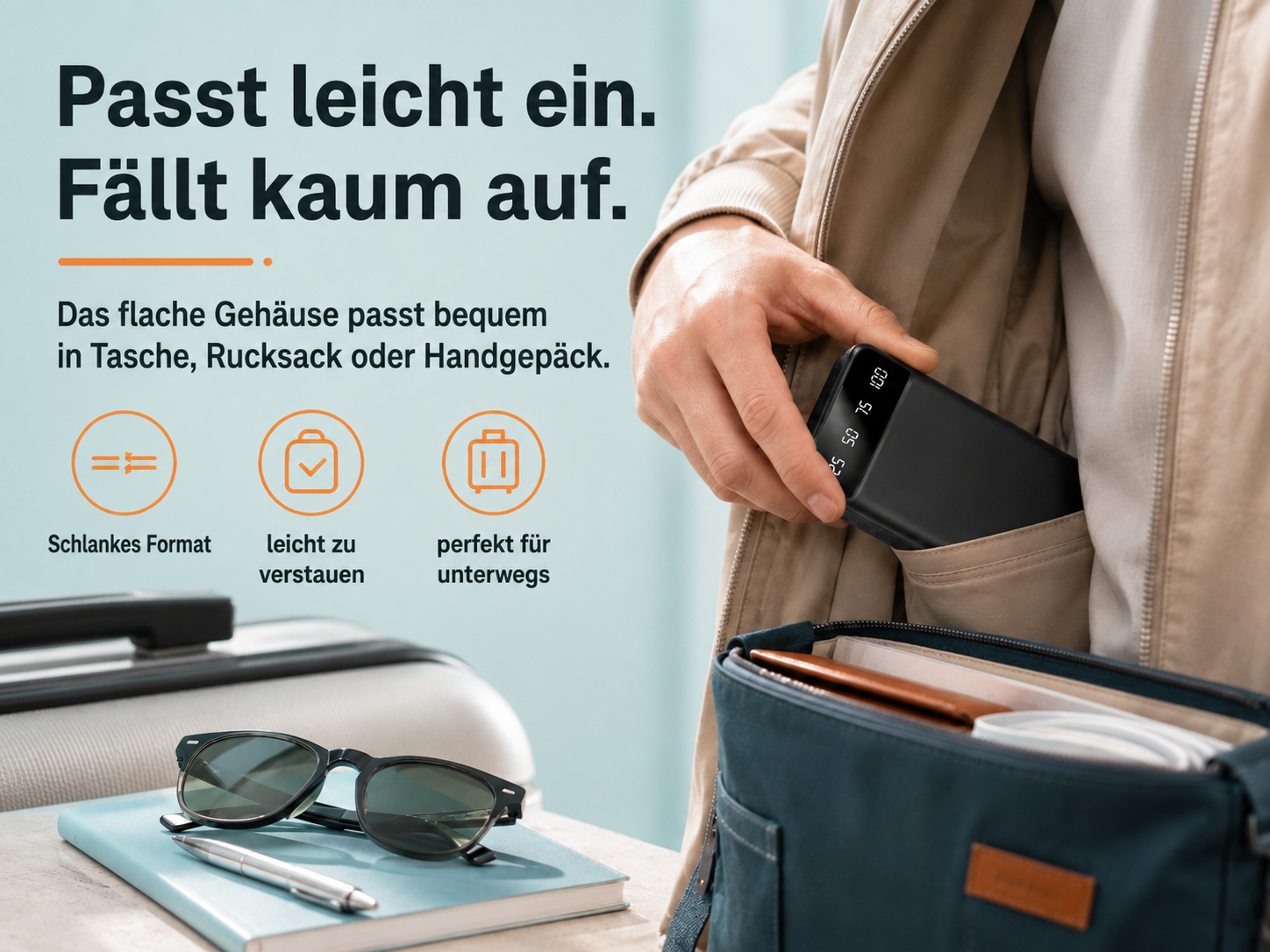 Eine Person verstaut eine schwarze Powerbank in einer Jackentasche.