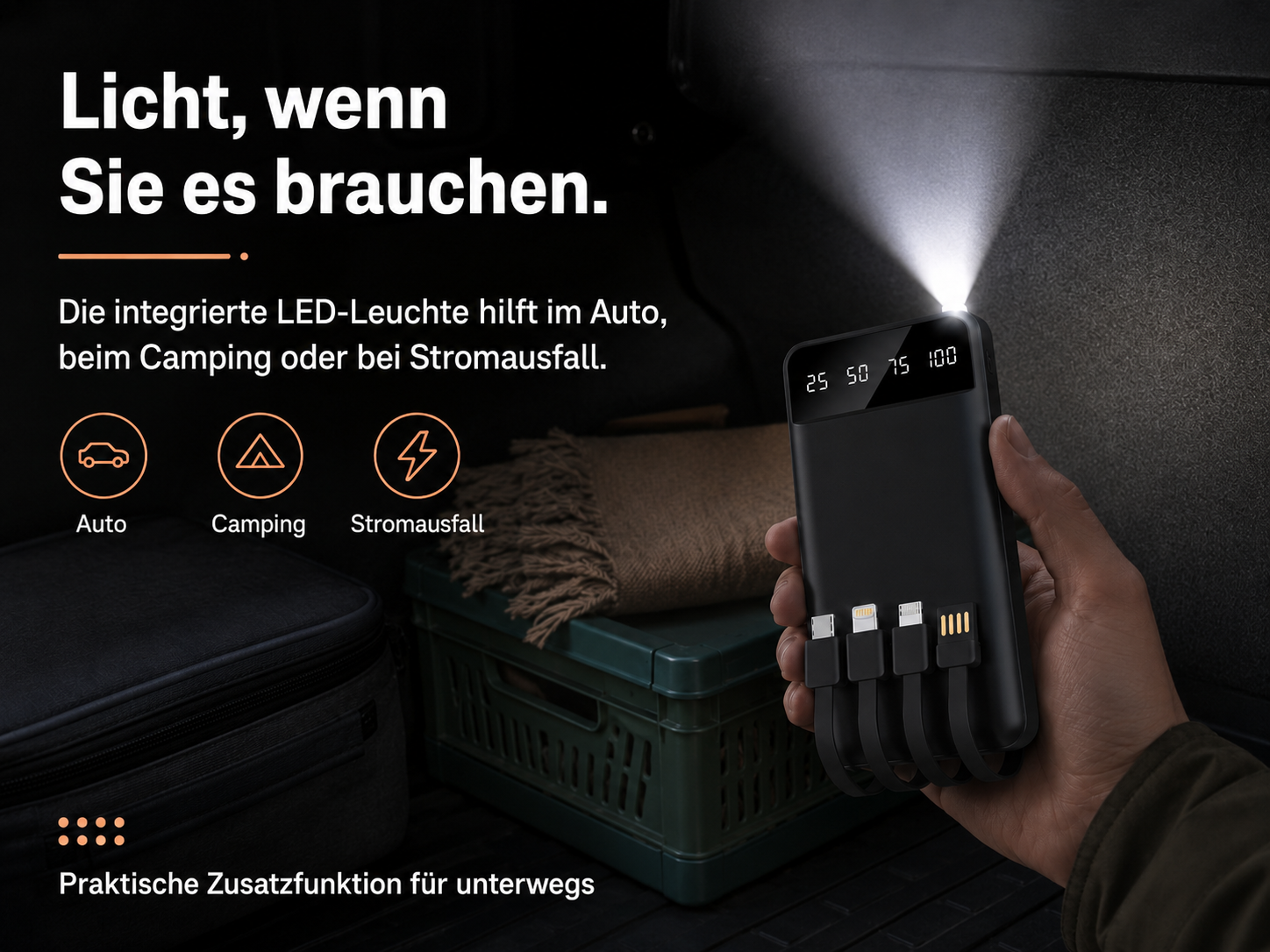 Schwarzes Powerbank mit LED-Leuchte und Kabeln, in einer Hand gehalten.