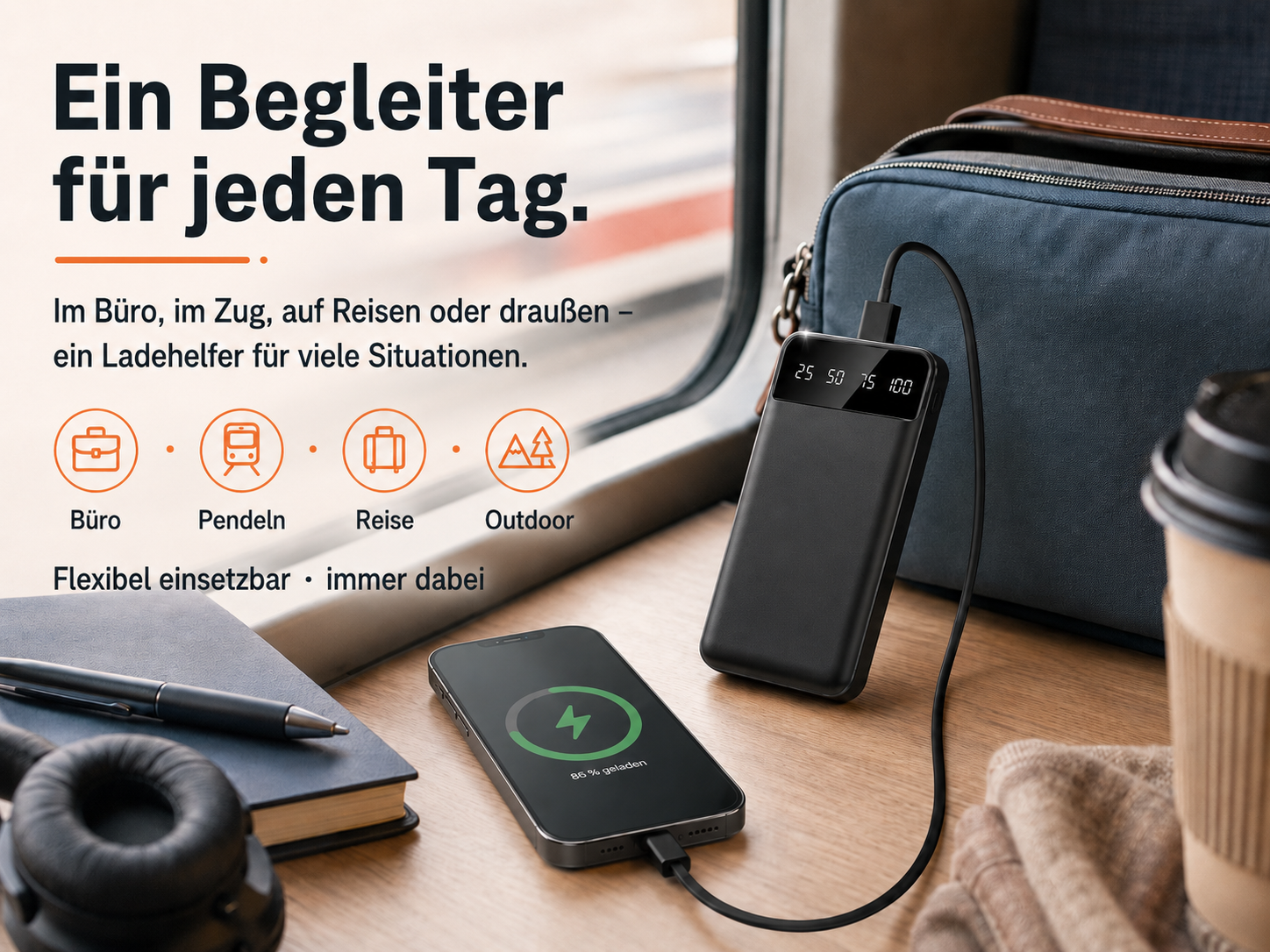 Schwarzes Powerbank lädt Smartphone neben Tasche, Notizbuch und Kopfhörern.