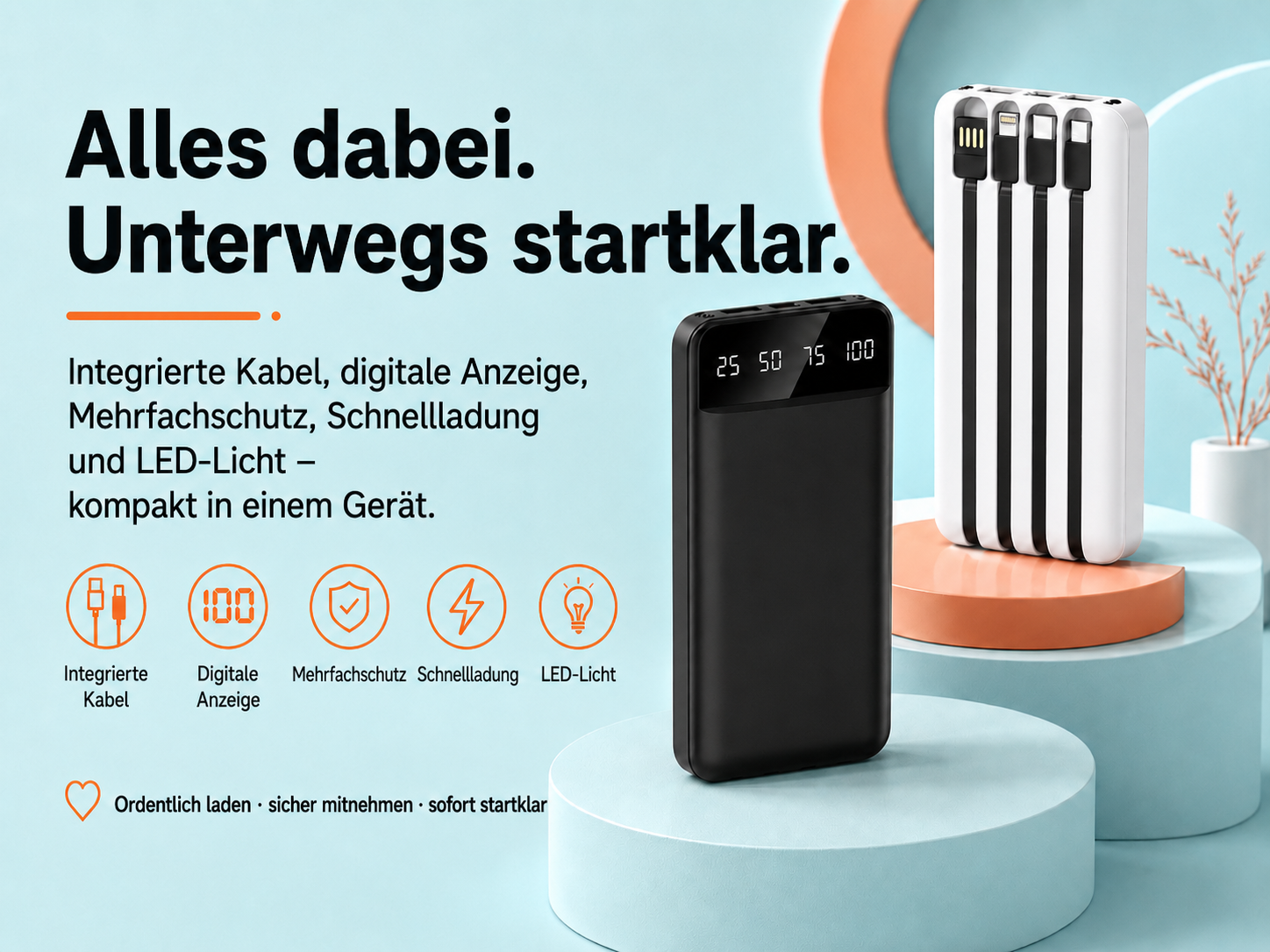 Schwarzes und weißes Powerbank-Set mit integrierten Kabeln und digitaler Anzeige.