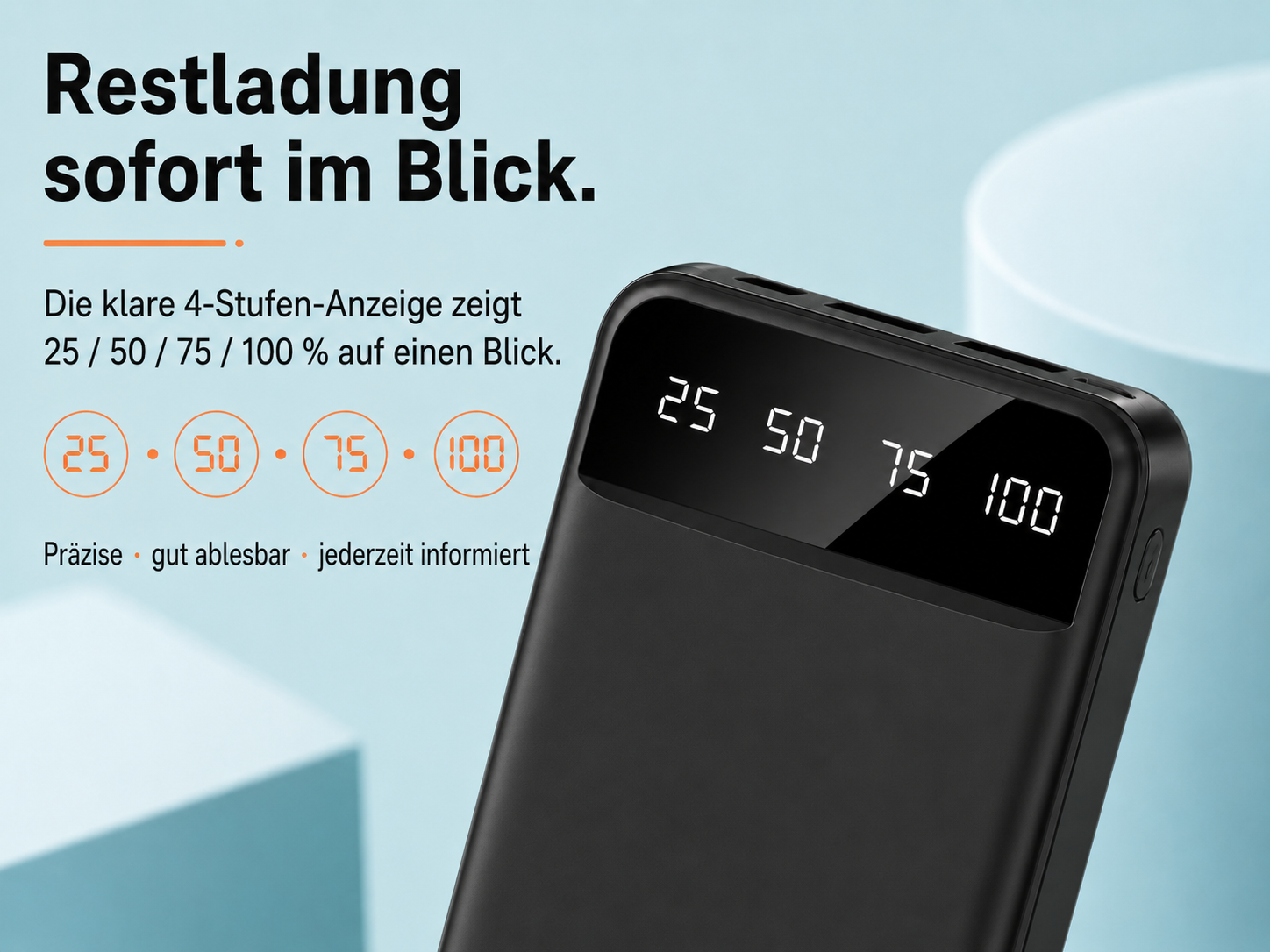 Schwarzes Powerbank mit digitaler Anzeige von 25, 50, 75, 100%.