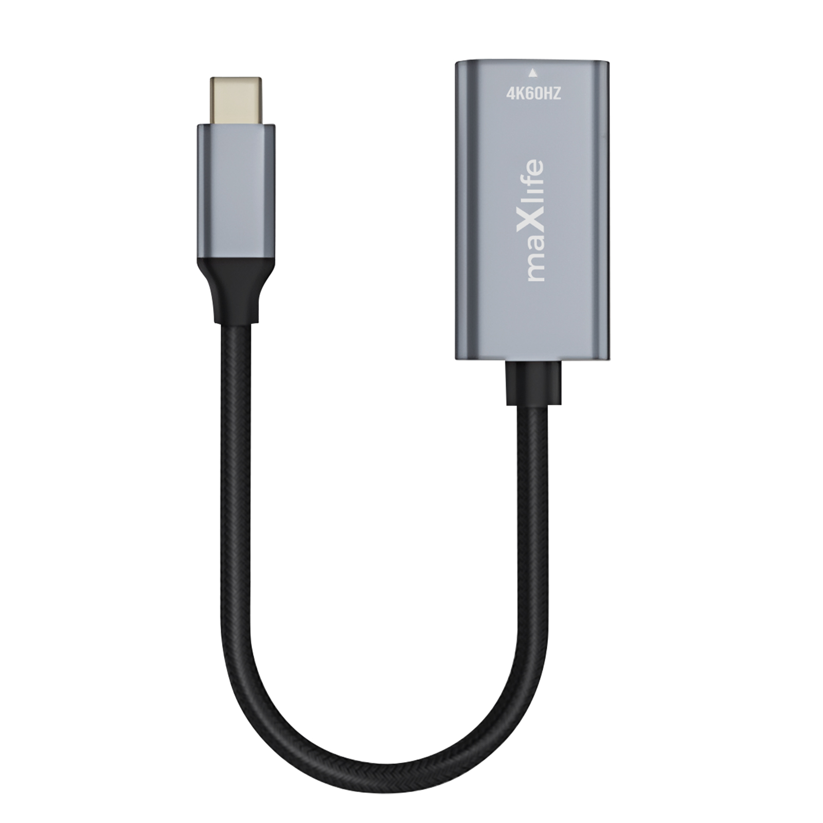 Adattatore USB-C grigio con cavo nero, mostra "4K60HZ" e "maXlife".