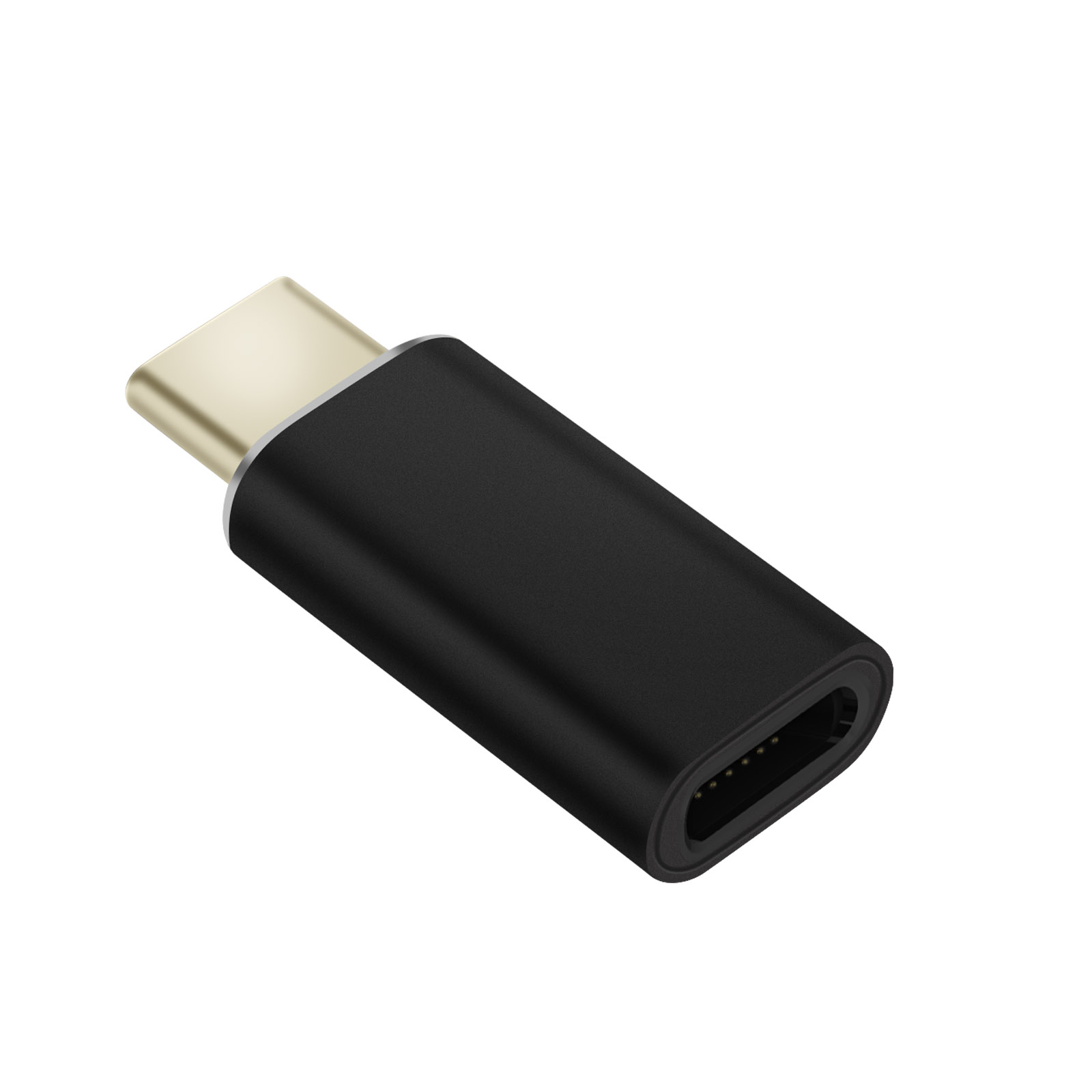 Un adattatore USB-C nero con spina e presa dorate.