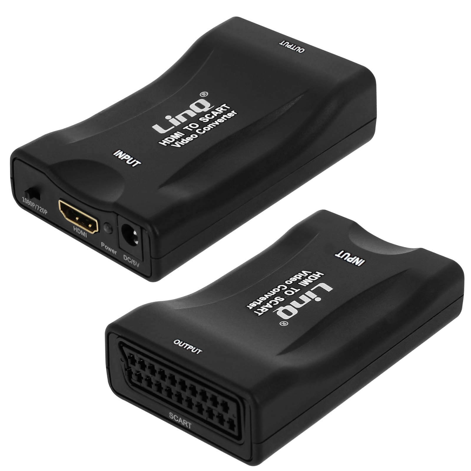Due convertitori video da HDMI a SCART neri su sfondo bianco.