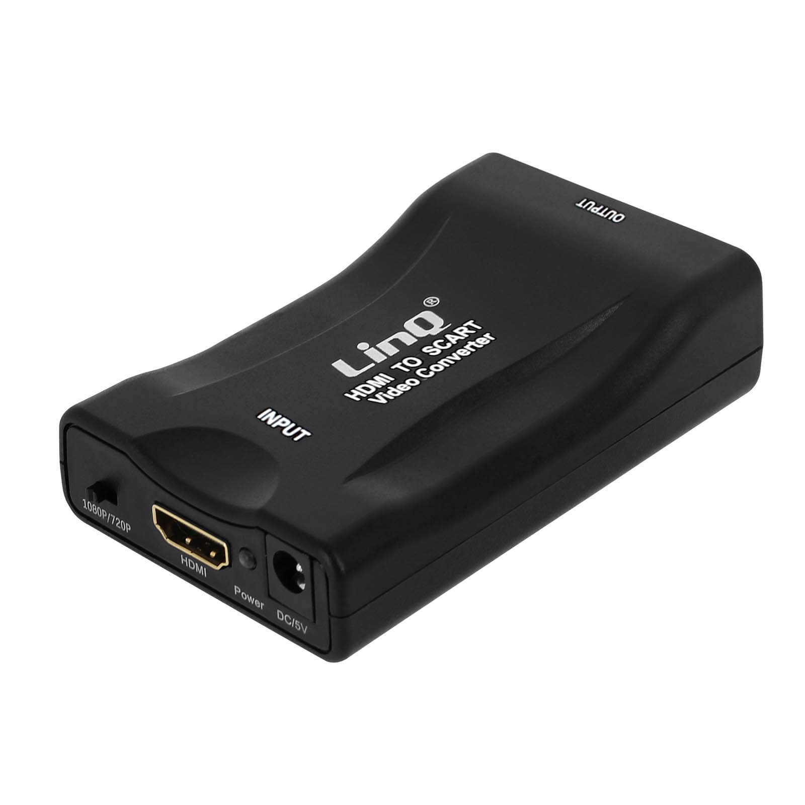 Convertitore video HDMI a SCART nero con porte di ingresso e uscita.