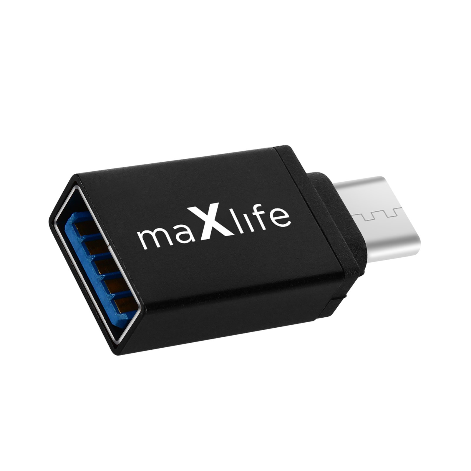 Un adattatore USB-C nero con porta USB-A blu e logo "maXlife".