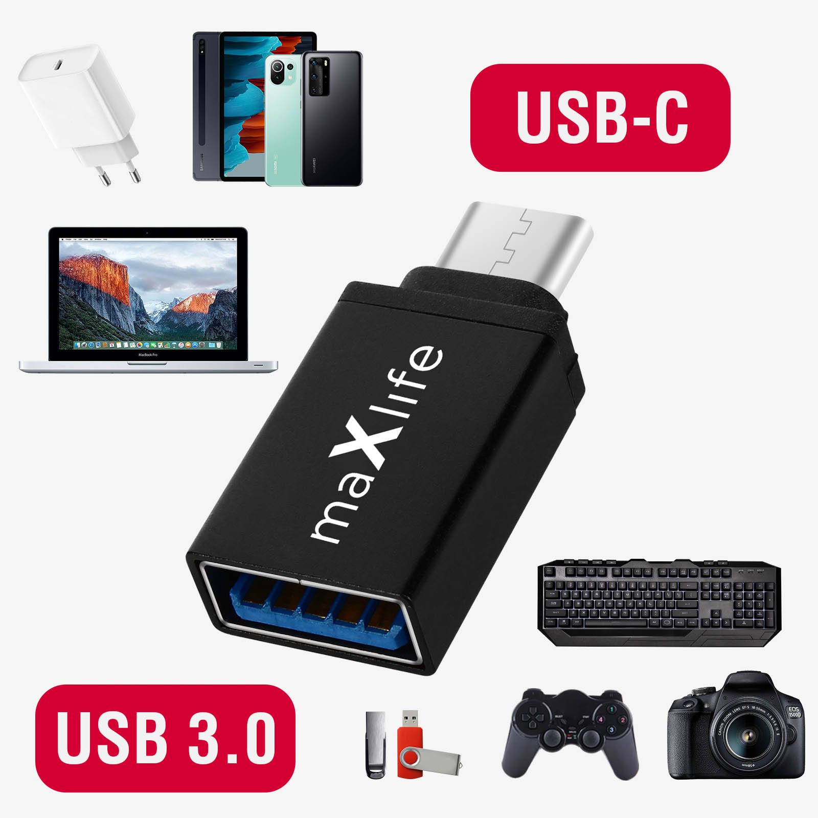 Adattatore digitale con porte USB-C e USB-A, più laptop, smartphone e accessori.