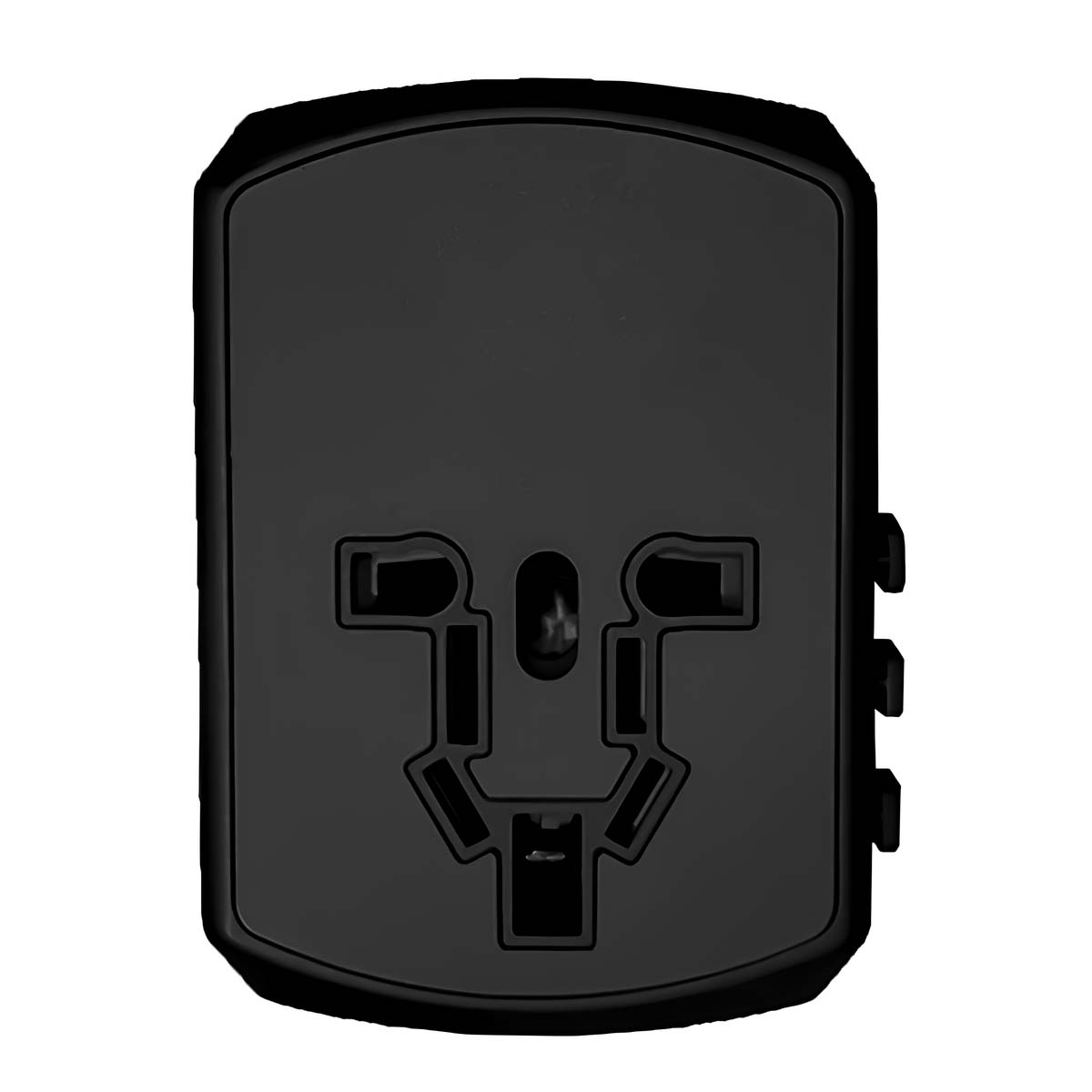 Un adattatore universale nero con più slot per diversi tipi di prese.