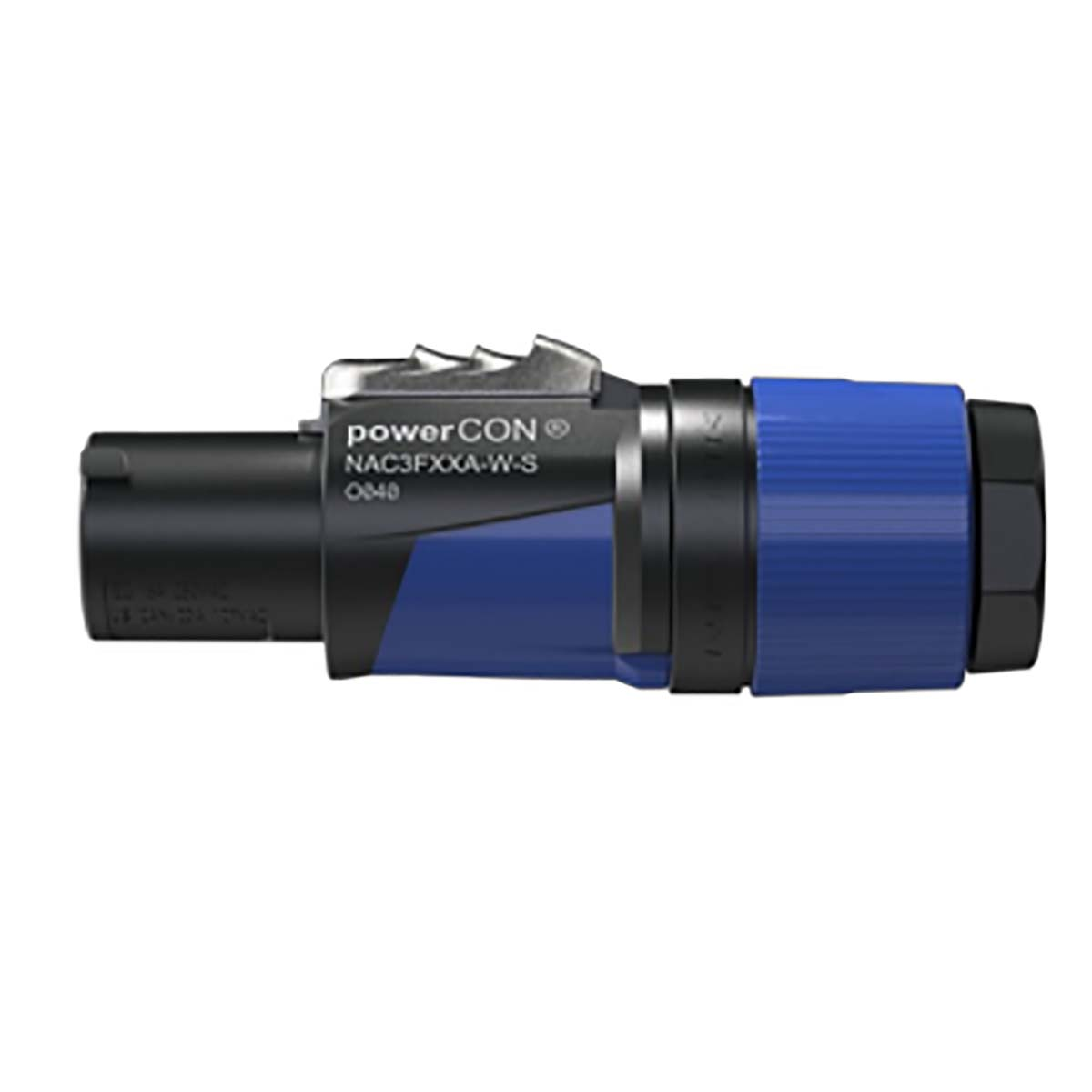Un connettore PowerCON nero e blu, modello NAC3FXXA-W-S.