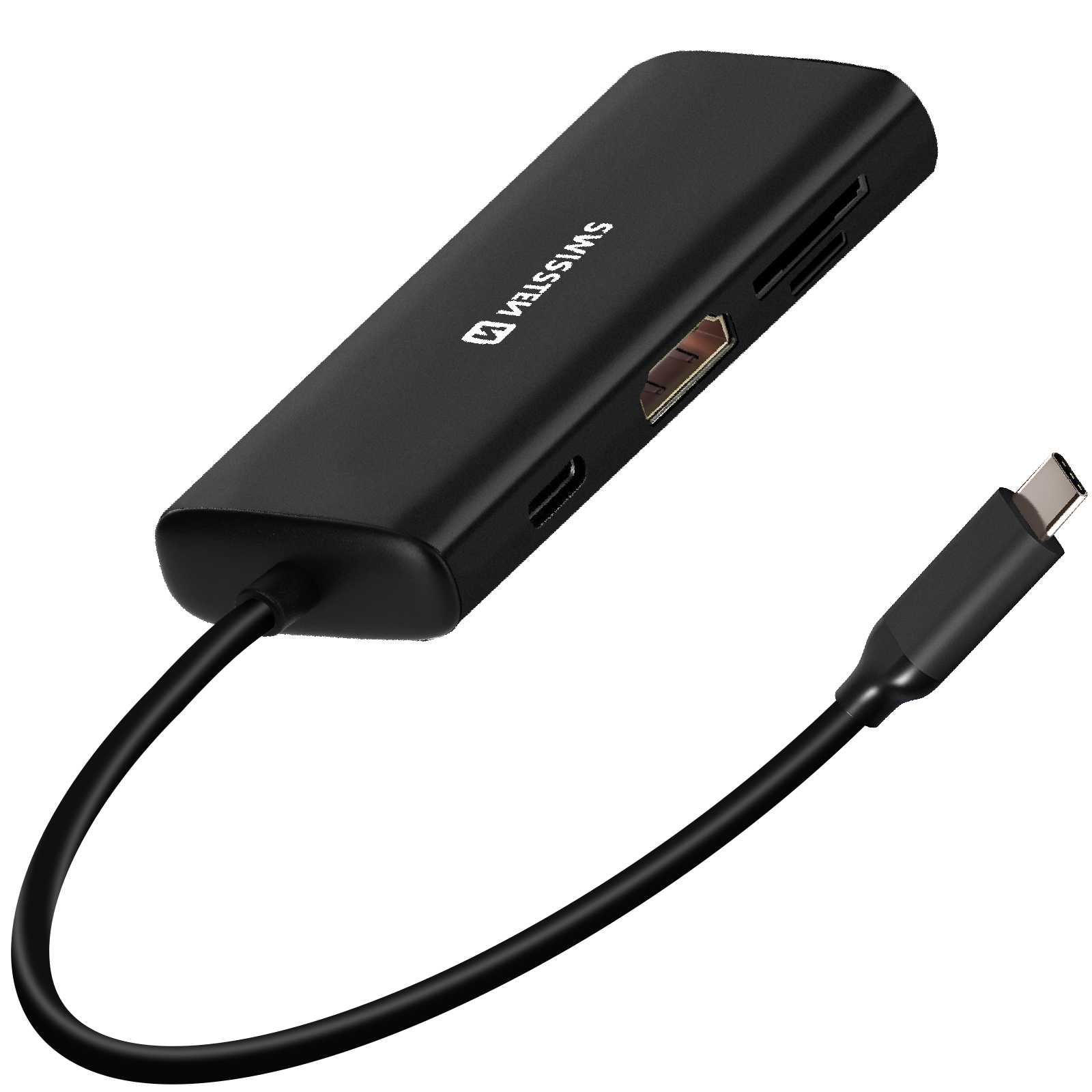Hub USB-C nero con porte HDMI, SD e USB.