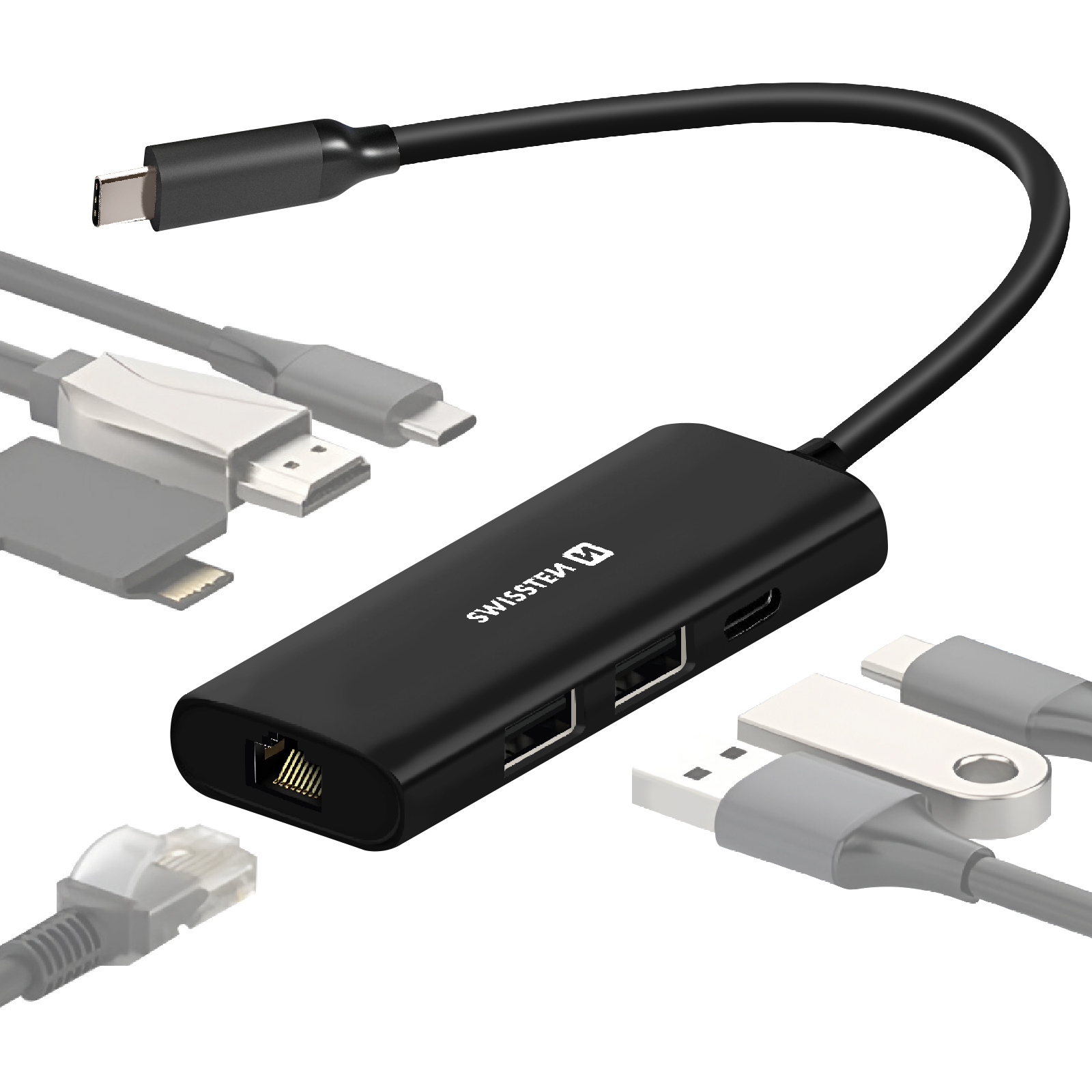 Hub USB-C nero con Ethernet, porte USB-A e ingresso USB-C. Altri cavi mostrati.