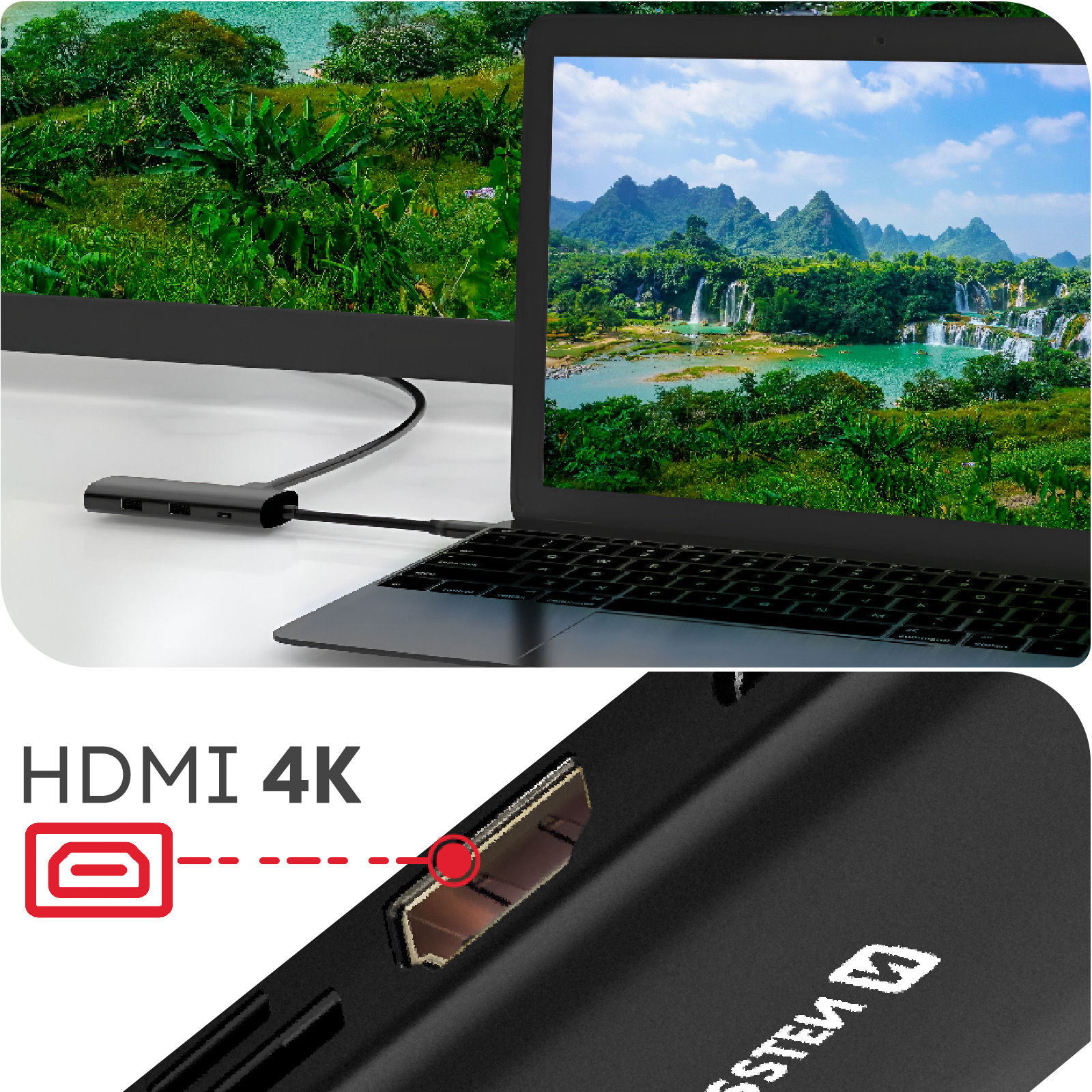 Laptop collegato a display esterno che mostra cascate. Testo HDMI 4K.
