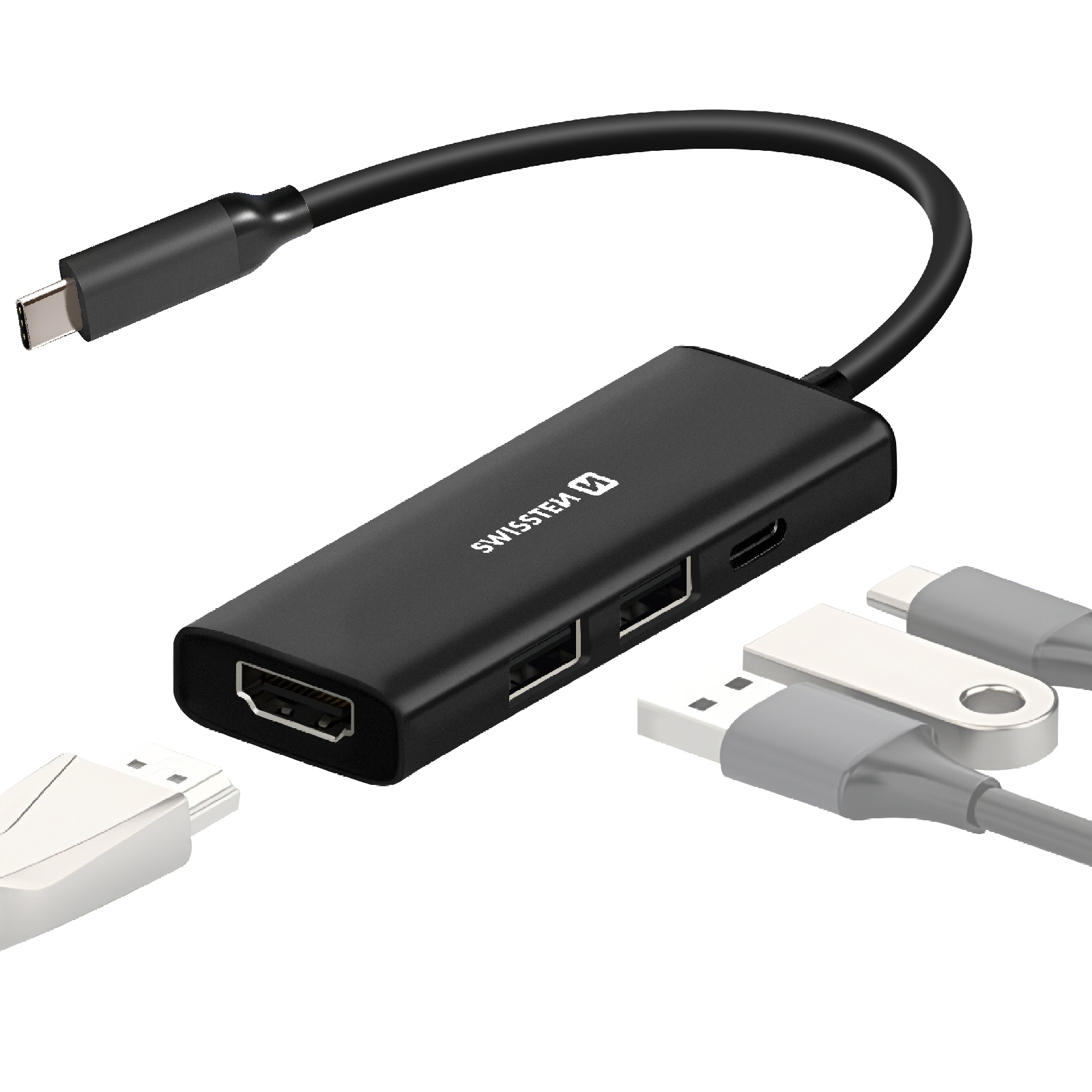 Hub USB-C nero con porte HDMI, USB-A e USB-C.