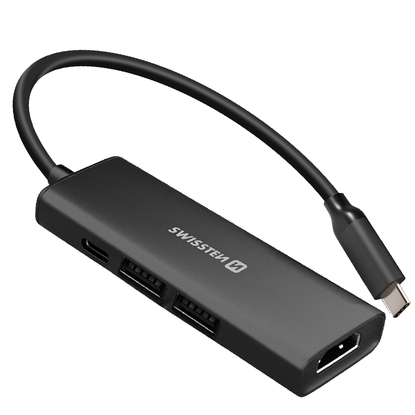 Hub USB-C nero con porte HDMI, USB-A e cavo Type-C.