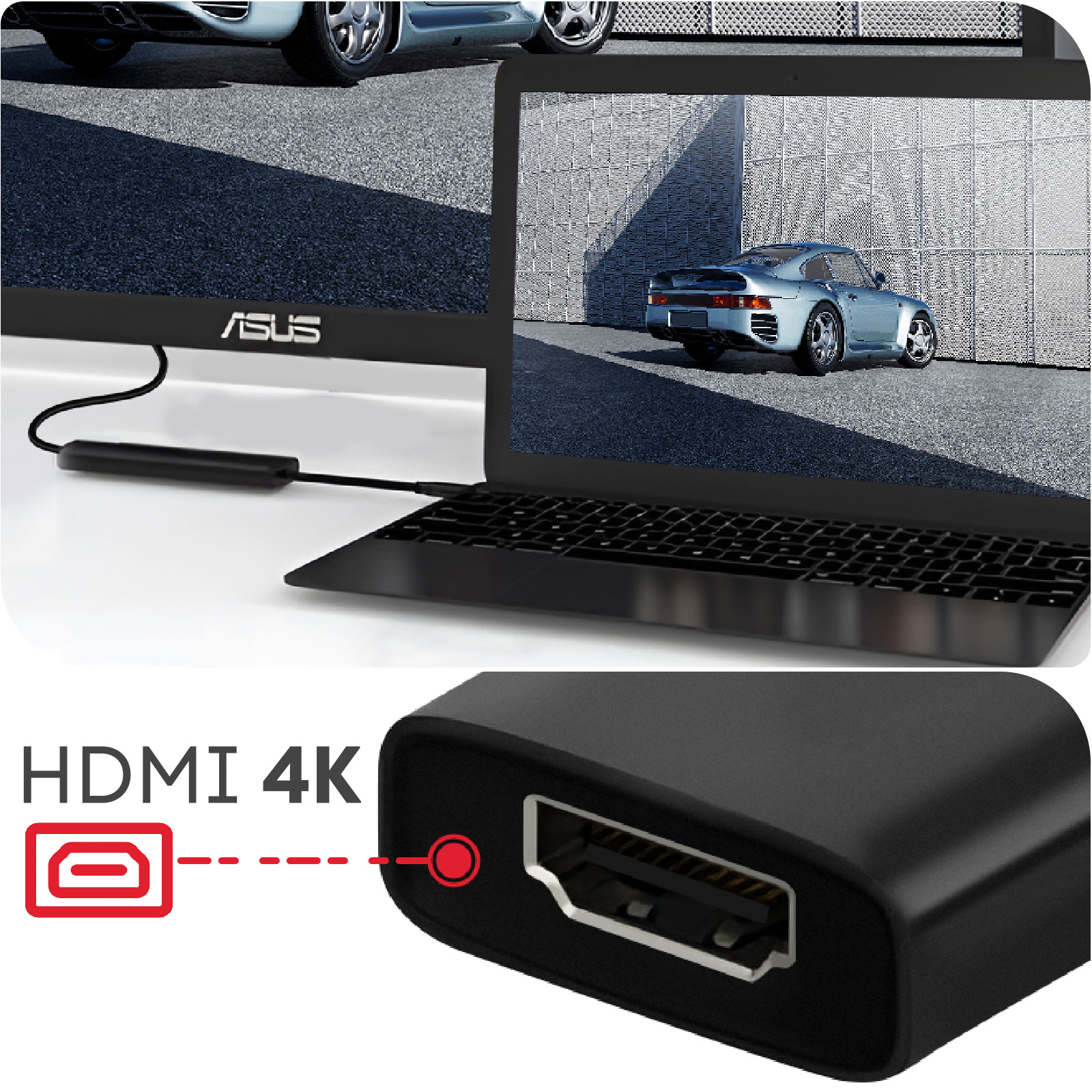 Primo piano di un adattatore HDMI 4K nero collegato allo schermo di un laptop.