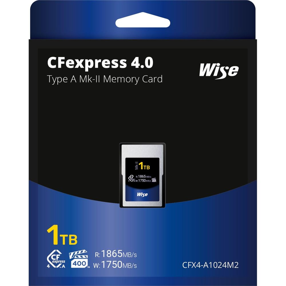 Wise CFexpress 4.0 Typ A Mk-II 1TB Speicherkarte. Lesen: 1865MB/s, Schreiben: 1750MB/s.
