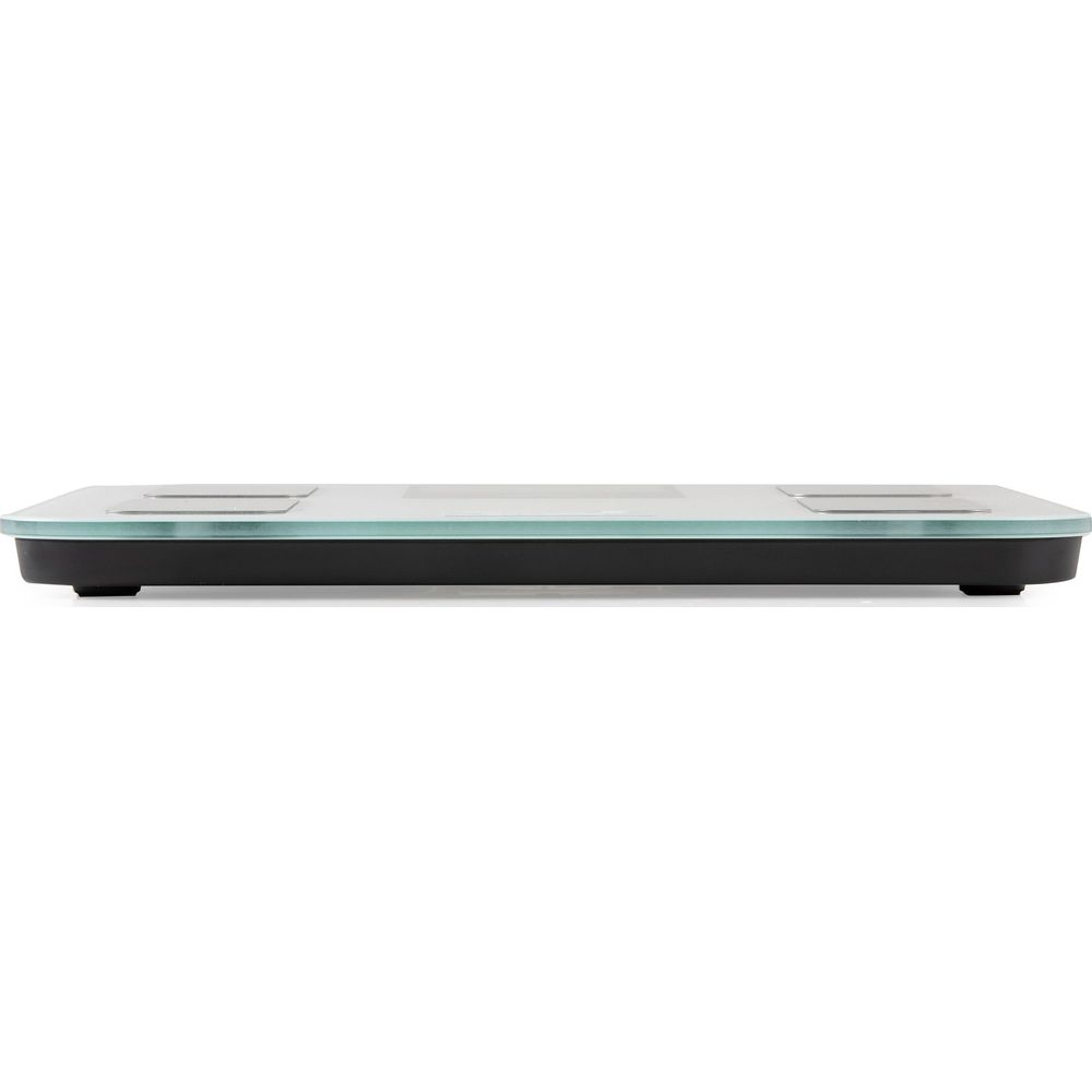 Una elegante bilancia pesapersone digitale con piano in vetro e base nera.