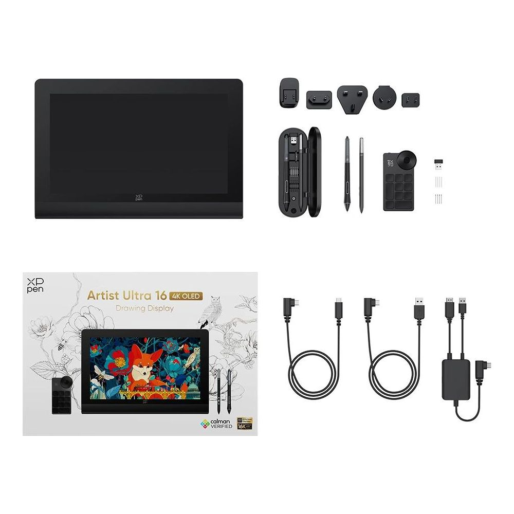 Ein schwarzer Zeichendisplay mit Zubehör: Stifte, Adapter und Kabel.