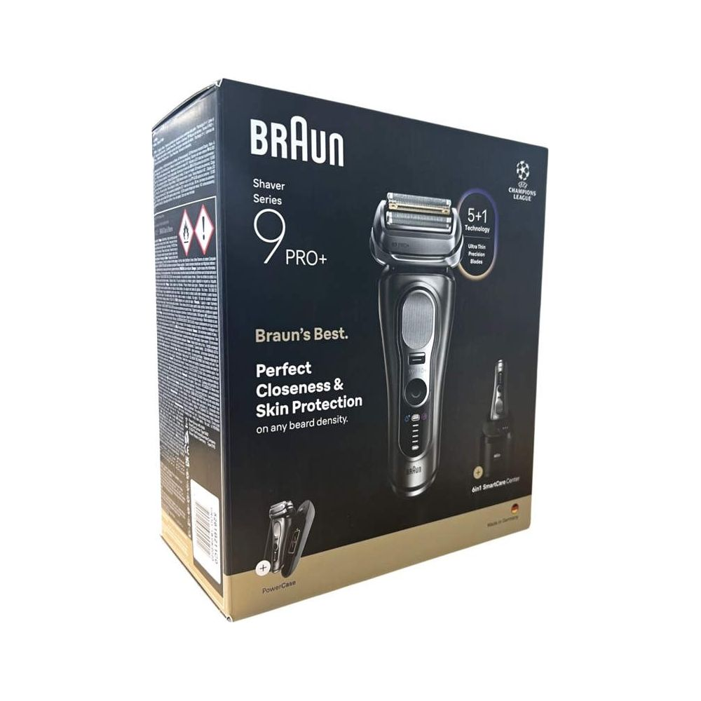 Verpackung eines Braun Rasierers, Serie 9 PRO+, mit Zubehör und Champions League Logo.