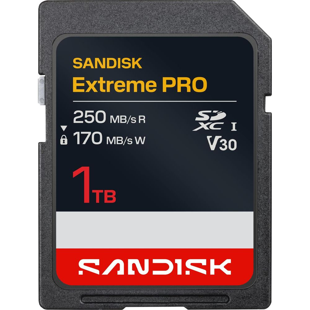 Carte SDXC SanDisk Extreme PRO 1TB noire, 250 Mo/s lecture, 170 Mo/s écriture.