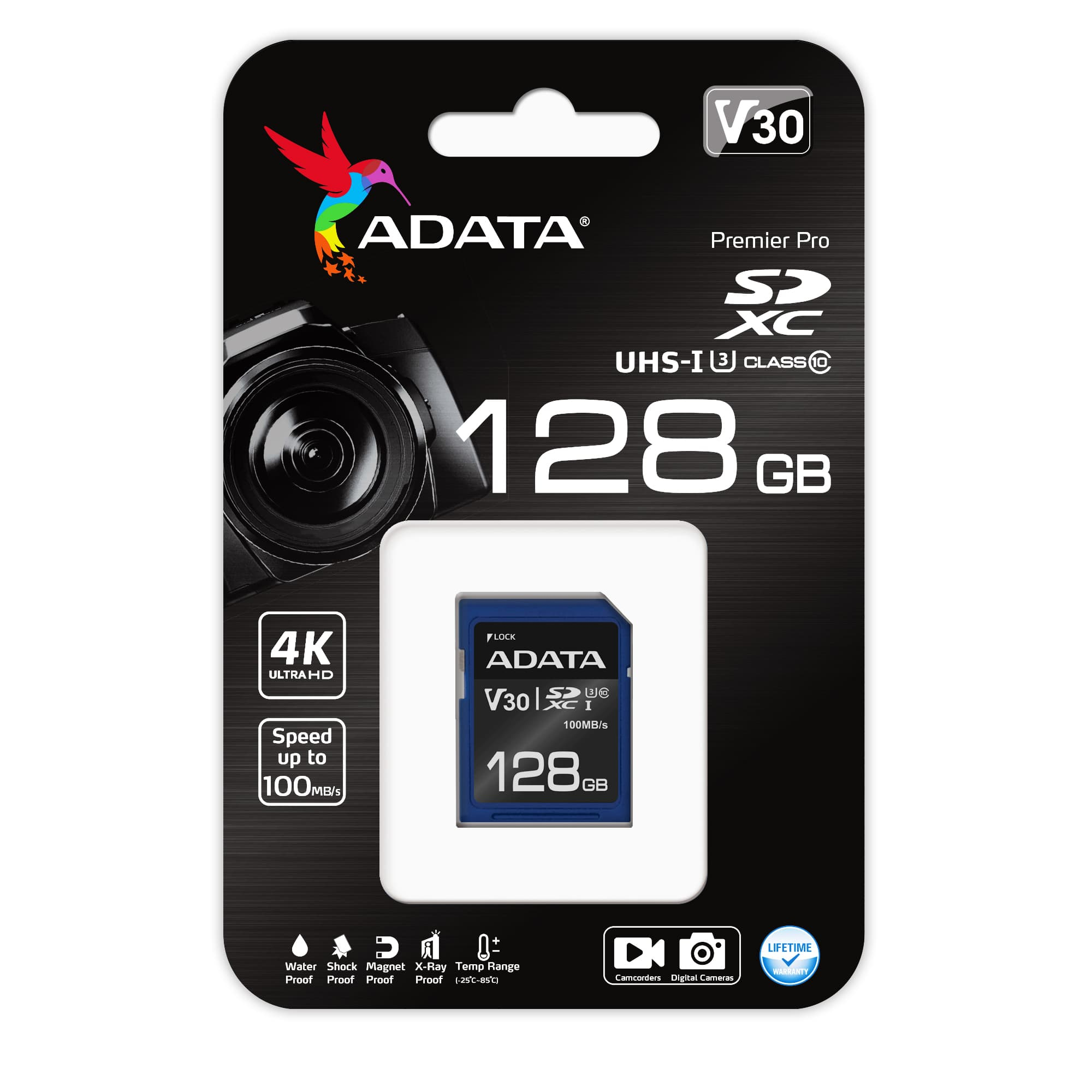 ADATA Premier Pro 128GB SDXC-Karte mit 4K Ultra HD und V30 Geschwindigkeitsklasse.