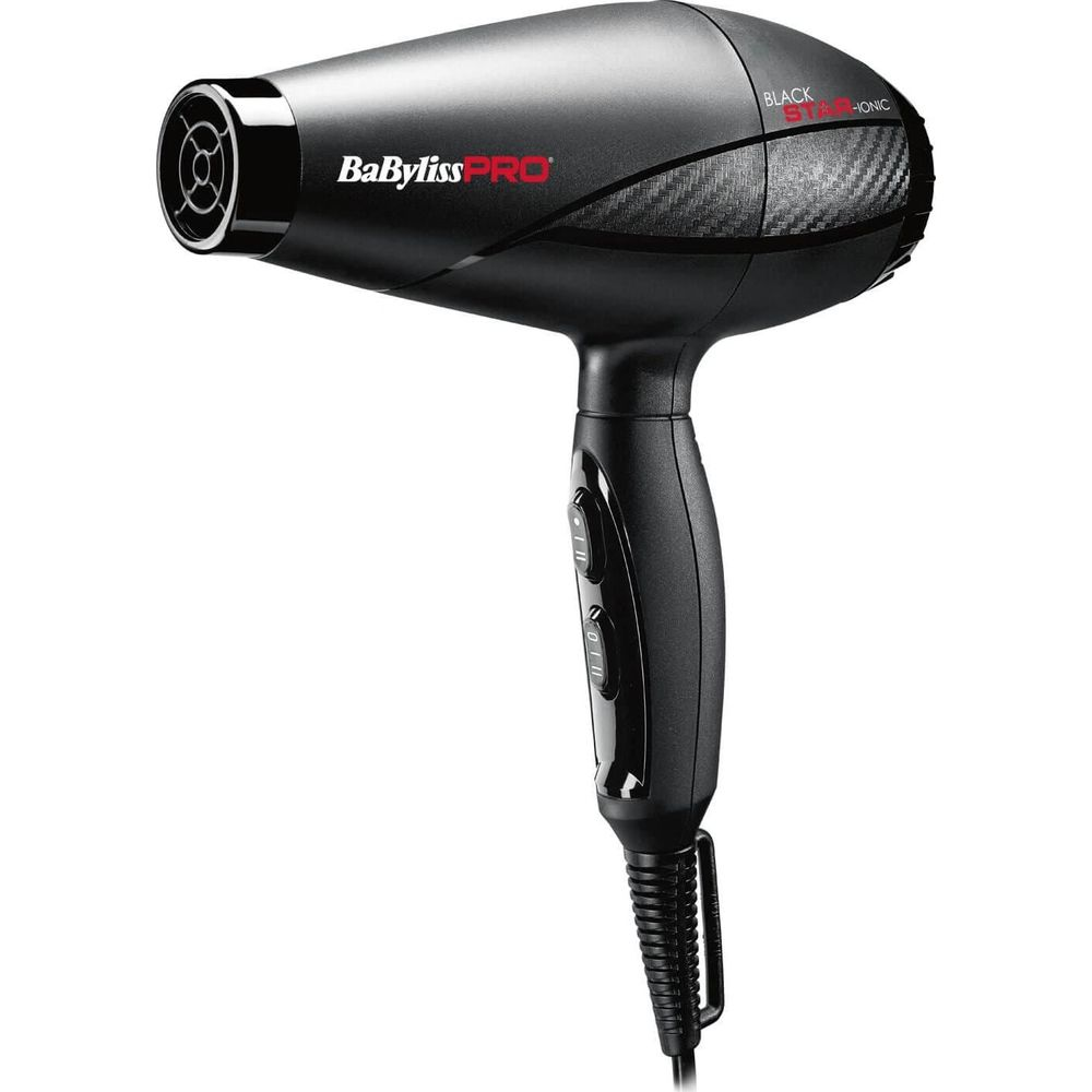 Schwarzer Babyliss Pro Haartrockner mit silbernen Akzenten und Bedienelementen.