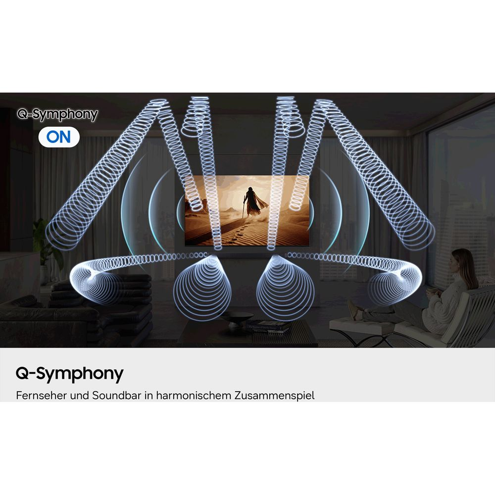 Q-Symphony ON : TV et barre de son fonctionnent ensemble. Une personne regarde une scène désertique.