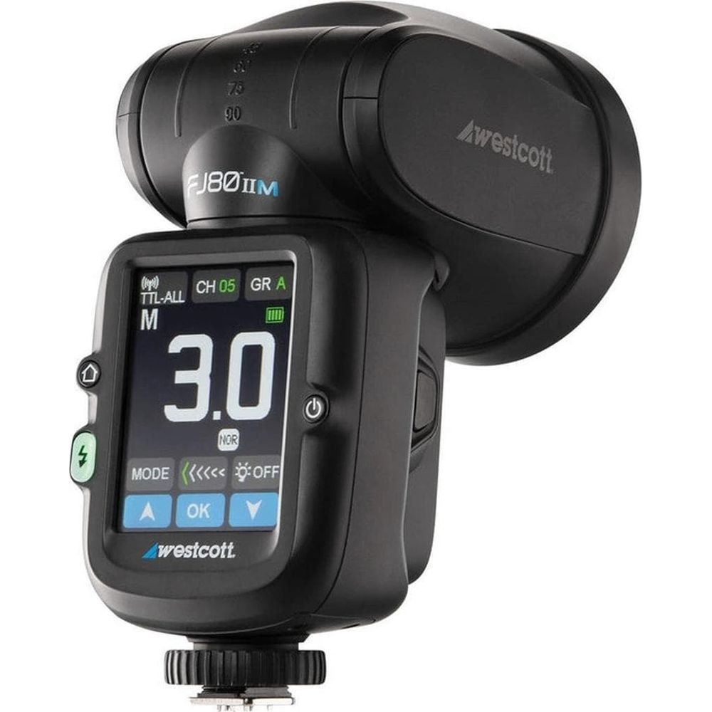 Schwarzer Westcott FJ80IIM Blitz mit LCD-Display, das 3.0 anzeigt.