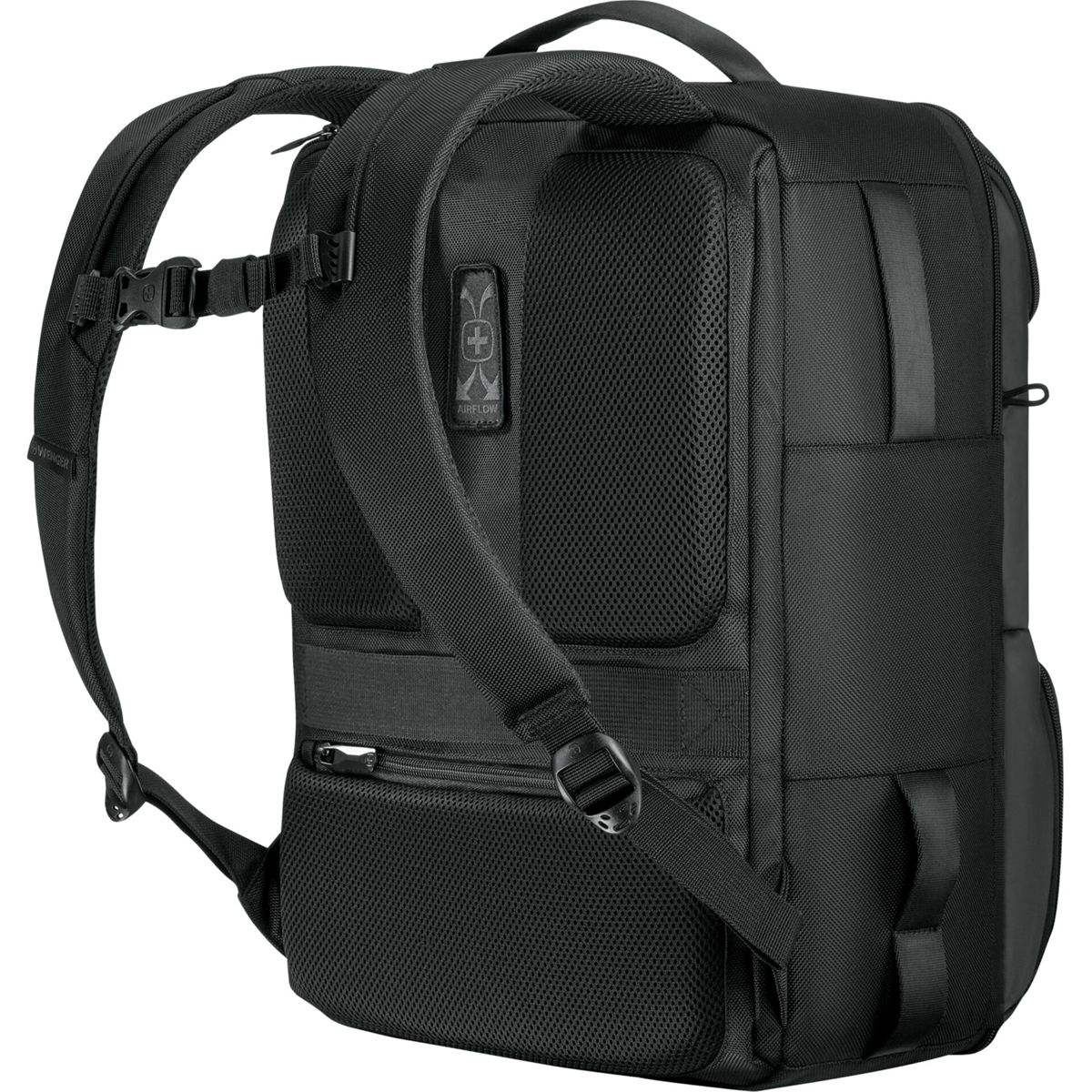 Zaino nero con cinghie imbottite e dettagli di ventilazione posteriore. Tasca con zip visibile.